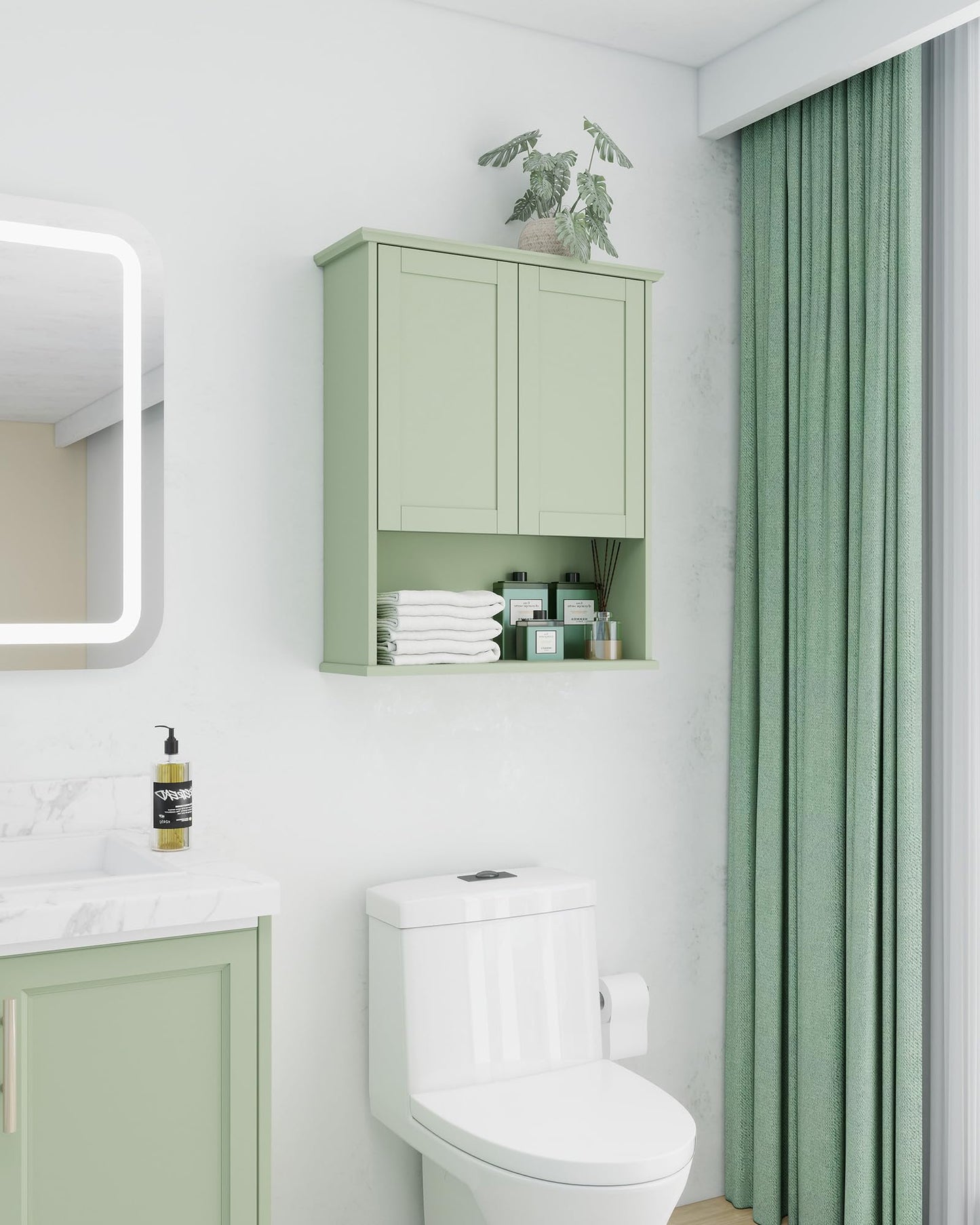 VIMYFAMY Bathroom Cabinet Wall Mount Buffering Hinge,23"x29" inch Over Toilet Storage Cabinet and Adjustable Shelves, Large Space Wooden Medicine Cabinet (Light Green)