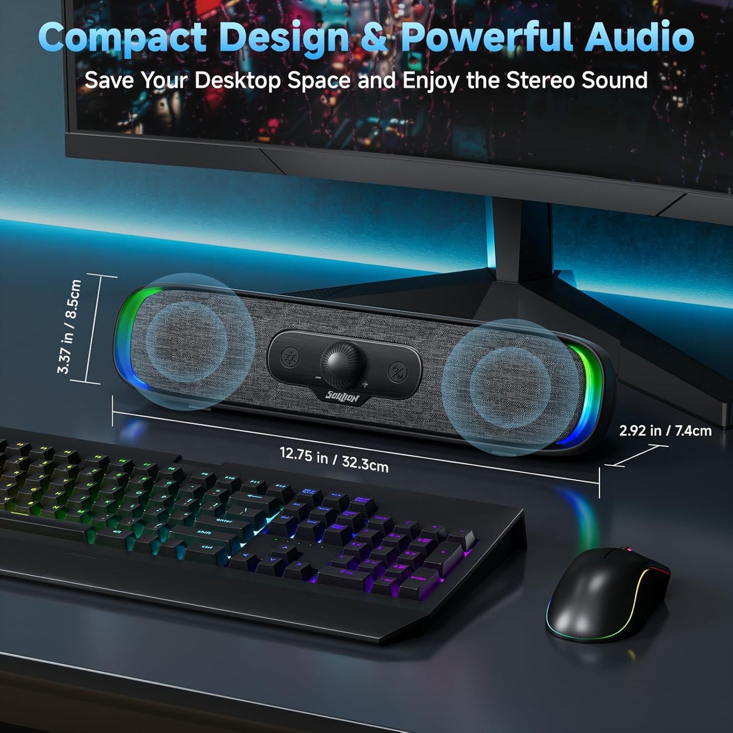 SOULION Computer Speakers, USB C/USB Powered PC Speaker with Colorful LED Lights, Plug-N-Play Wired Bluetooth Sound bar
