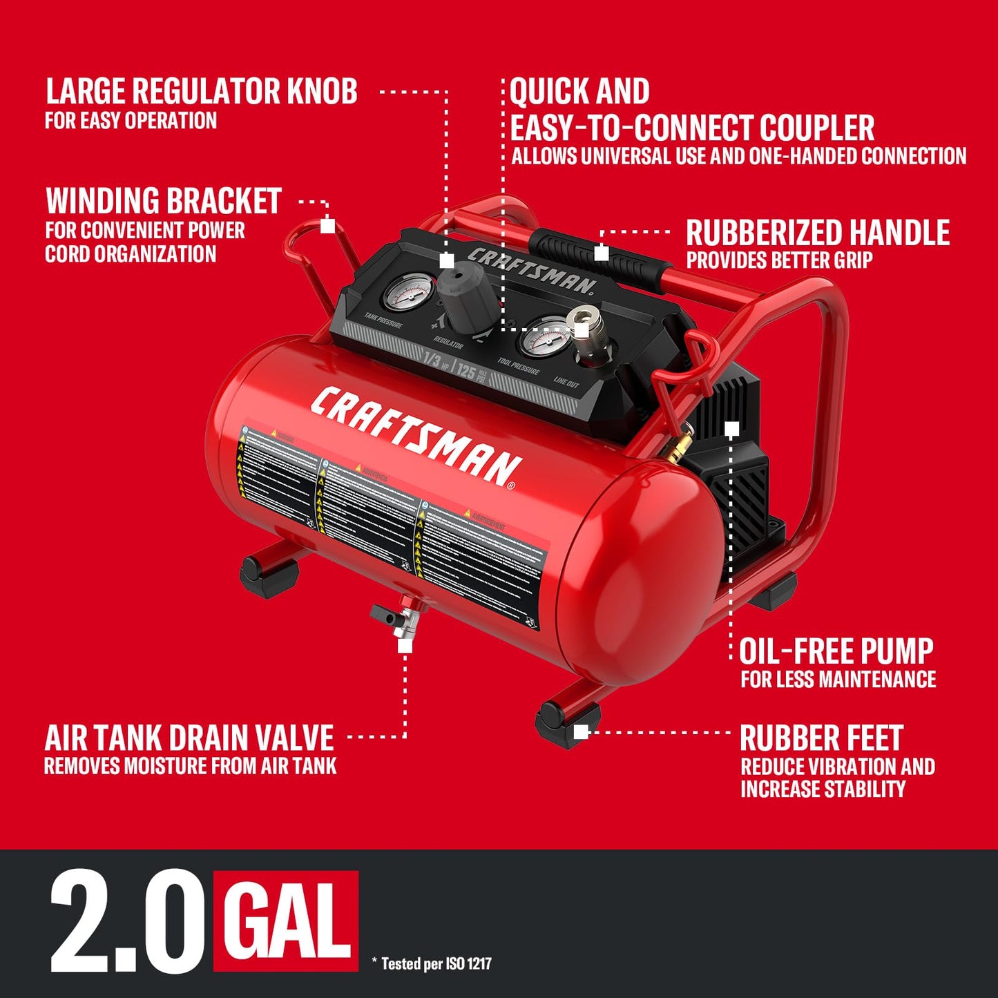 CRAFTSMAN Air Compressor, 2 Gallon Portable Air Compressor 1/3HP Max 125 PSI Oil-Free Light Weight with 10 PCS Accessory Kit