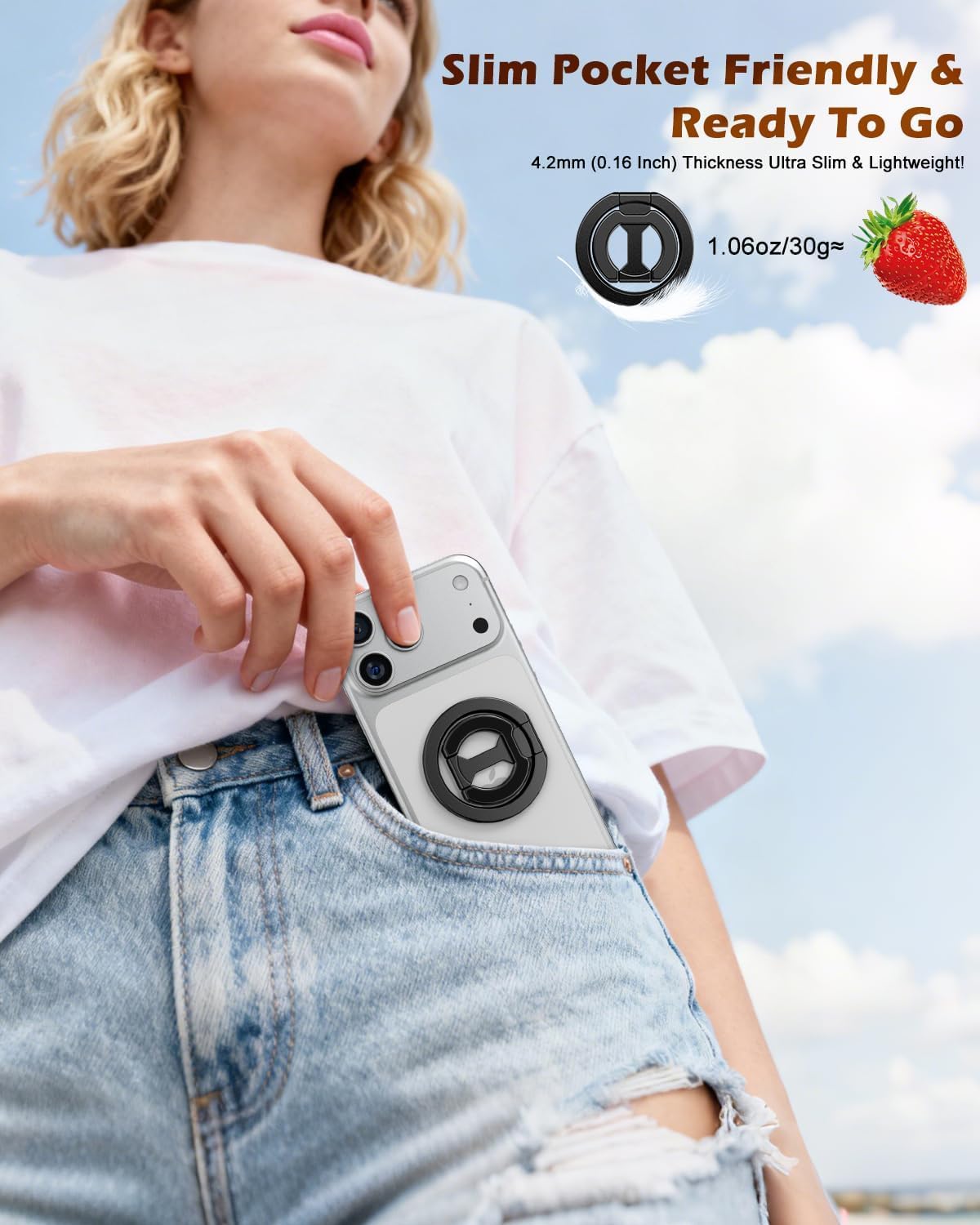 CloudValley 4-in-1, 17/16-12 for Magsafe Phone Grip Holder - Adjustable Dual-Sided Magnetic Finger Ring Stand