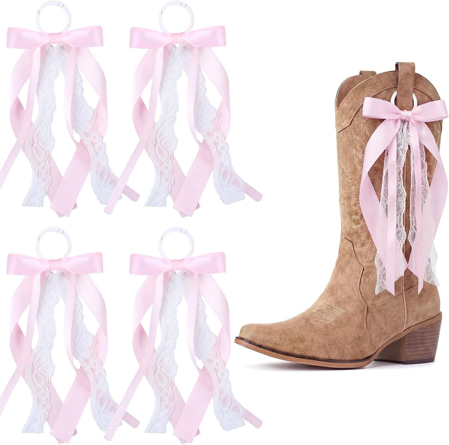 Skiennix Pink Ribbon Boot Bows - Removable Lace Clips for Cowgirl Boots | Perfect for Weddings & DIY Decor