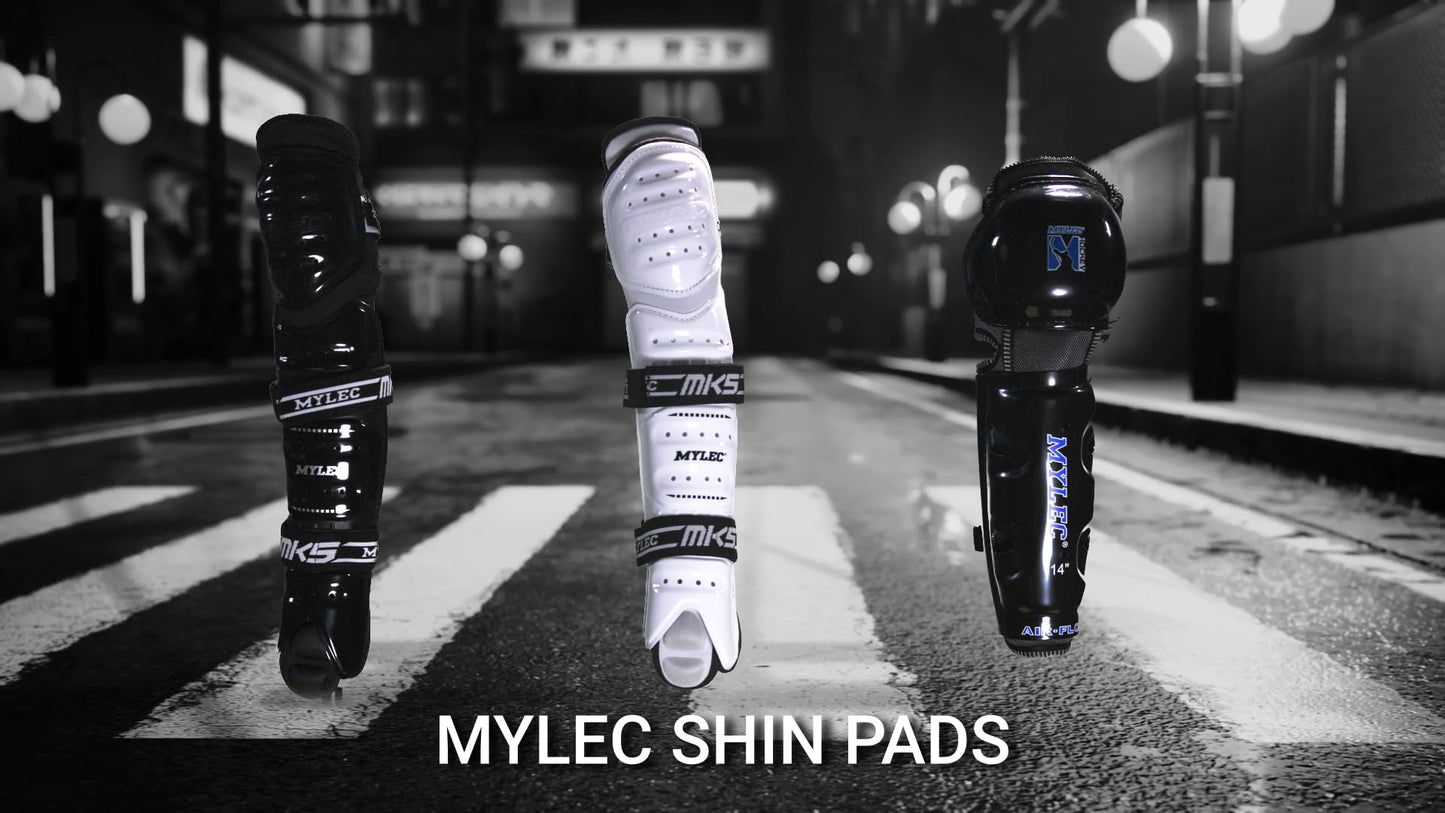 MyLec MK5 Street/DEK Shin Pad, Lightweight & Durable Hockey Accessories, 360° Velcro Straps, Hard Front Shells, Breathable Material, Metatarsal Padding Street Hockey Shin Guards, Foam Rubber(11,Black)