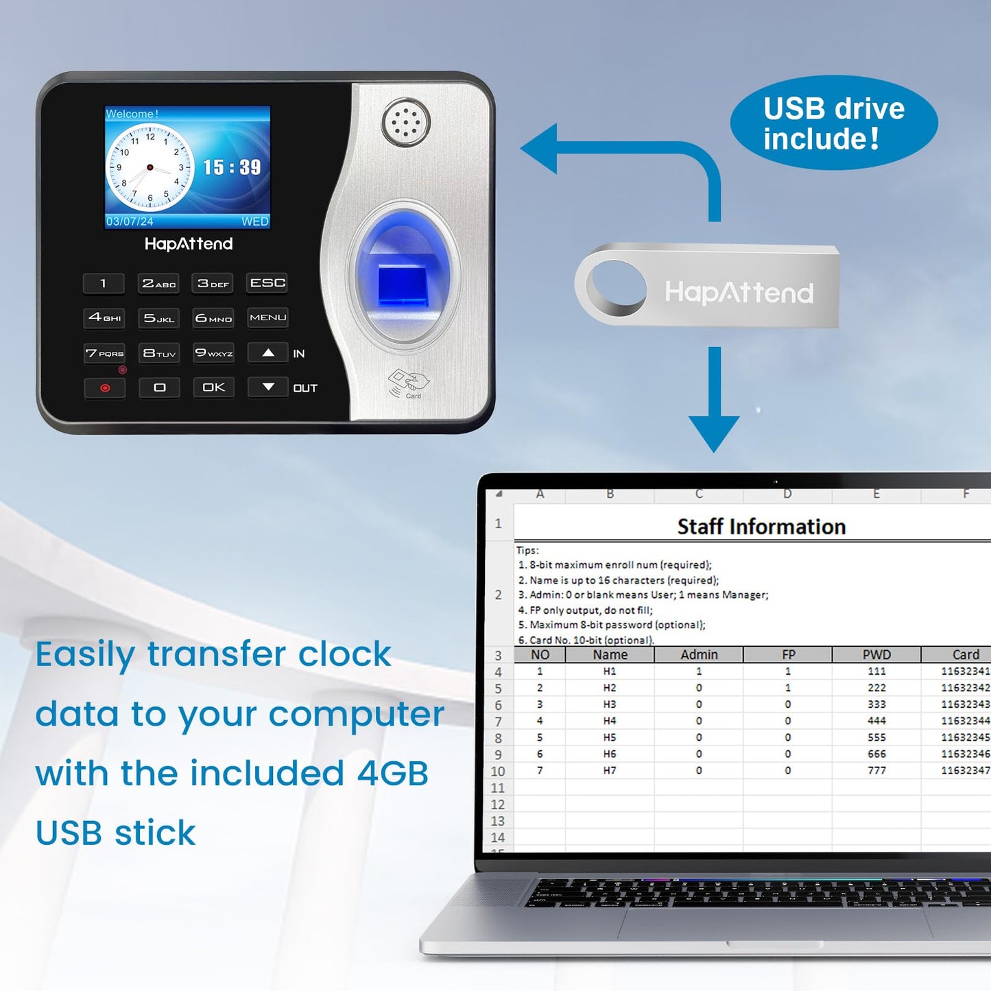 HapAttend Time Clocks Bundle with 15 RFID Cards, 0 Monthly Fees Standalone Biometric Time Attendance Punch Machine with Fingerprint, RFID and PIN