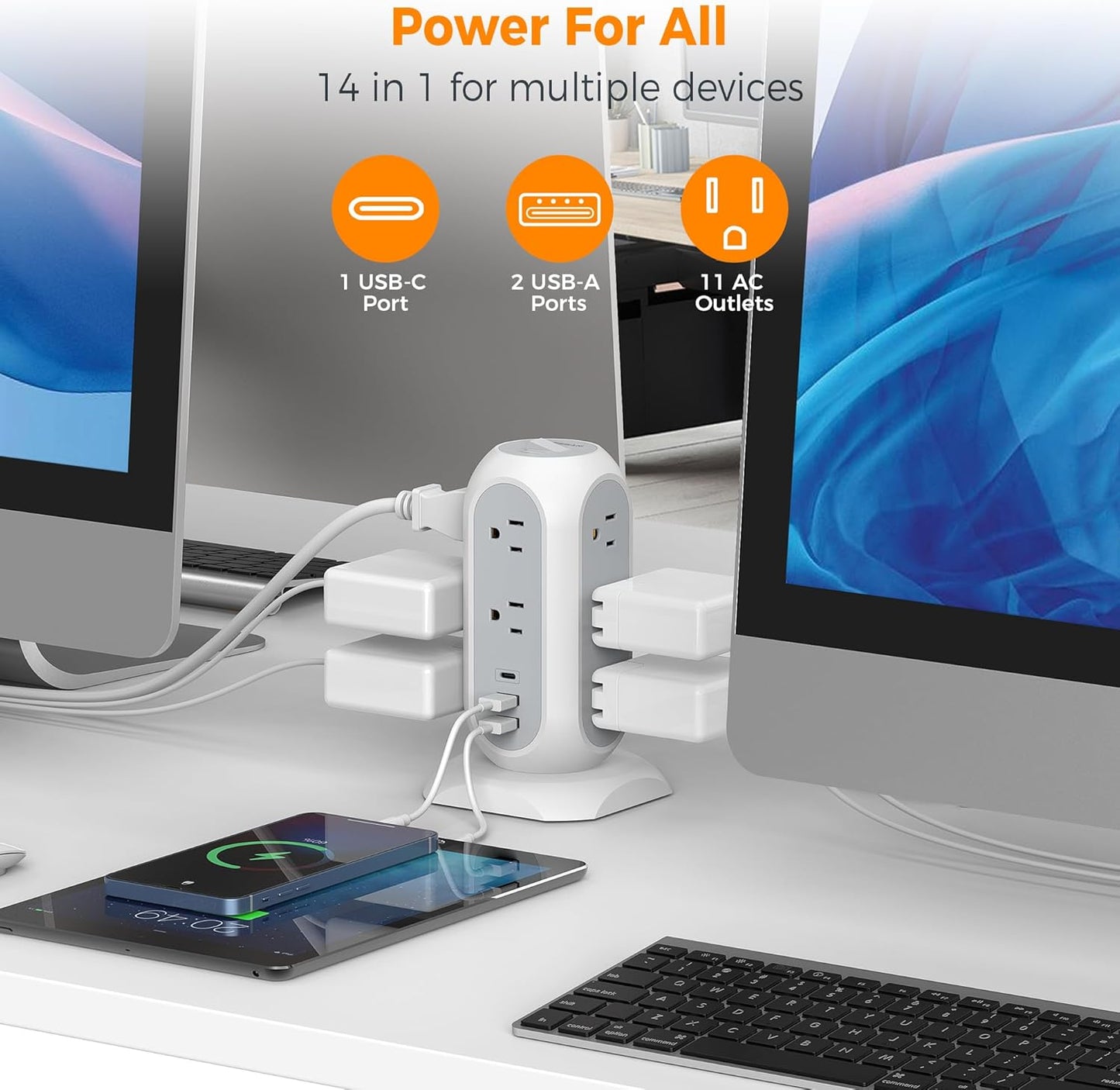 TESSAN 11 3 (1 1625W/13A,1050J 6 Tower Power Strip Flat Plug with Outlets USB USB C), Surge Protector Tower Protection