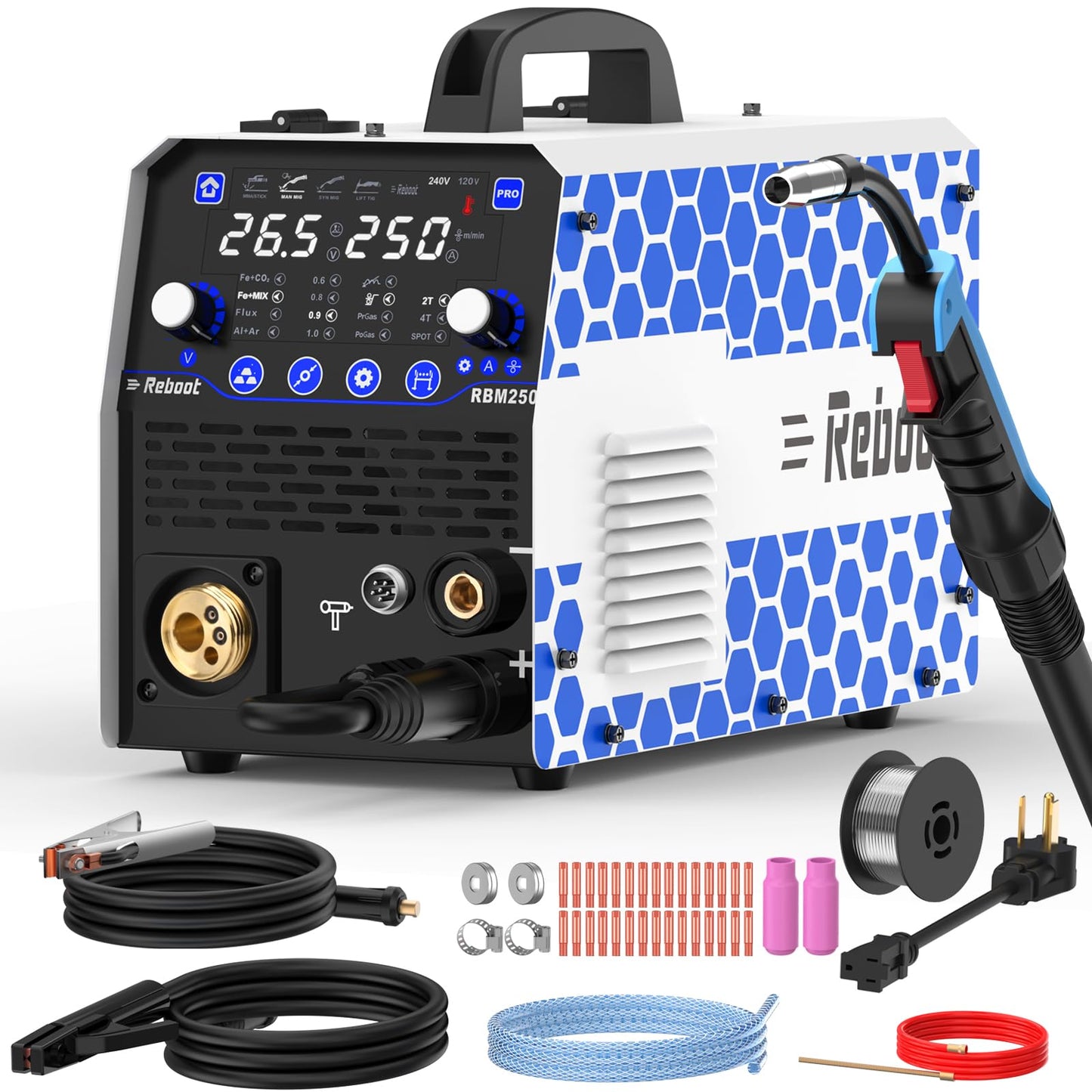 Reboot 250Amp 8-in-1 MIG/TIG/Stick Welder RBM2500 PRO + 500AMP Industrial Electrode Holder – Ultimate 120V/240V Welding Kit for MIG, Flux Core, TIG & Heavy-Duty ARC Welding