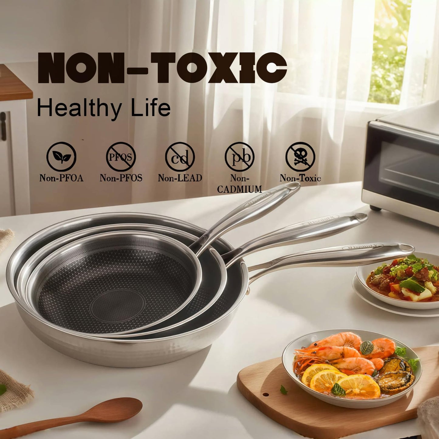 RisenutX Hybrid 8 inch Stainless Steel Non Stick Skillet,Frying Pans Nonstick, PFOA Free Cookware, Dishwasher and Oven Safe, Induction Compatible