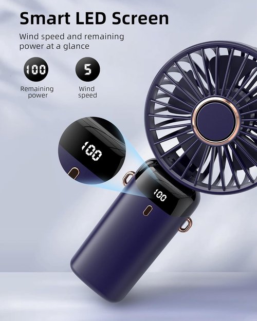Koonie Portable Handheld Fan - Rechargeable Battery Operated Mini Fan with Digital Display & 5 Speeds | 90° Adjustable