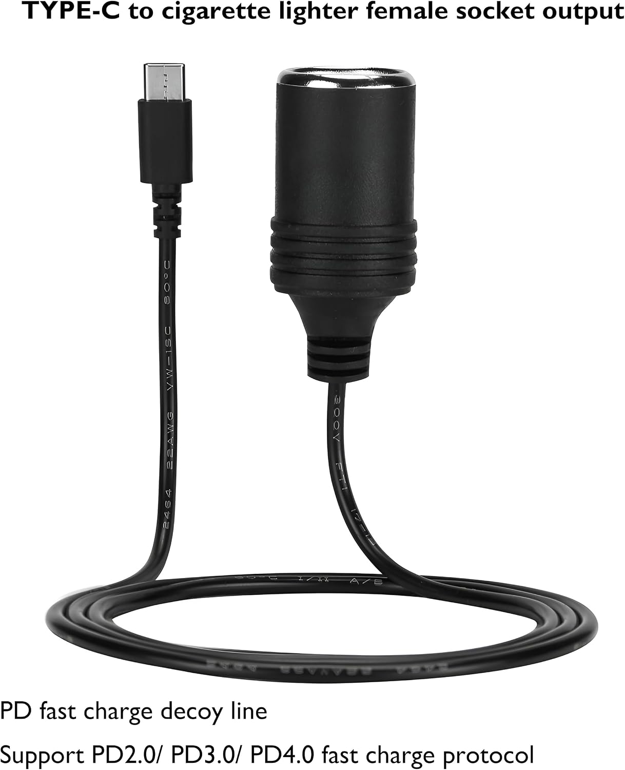 MeetUs 12V 45W~65W USB Type-C Male Plug to Car Cigarettes Adapter Female Socket PD Power Cable,Work with PD USB C