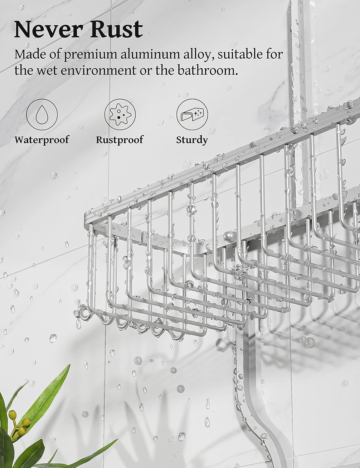 YASONIC Shower Caddy - Rust-Resistant Aluminum Organizer with 10 Hooks & Soap Basket - Silver