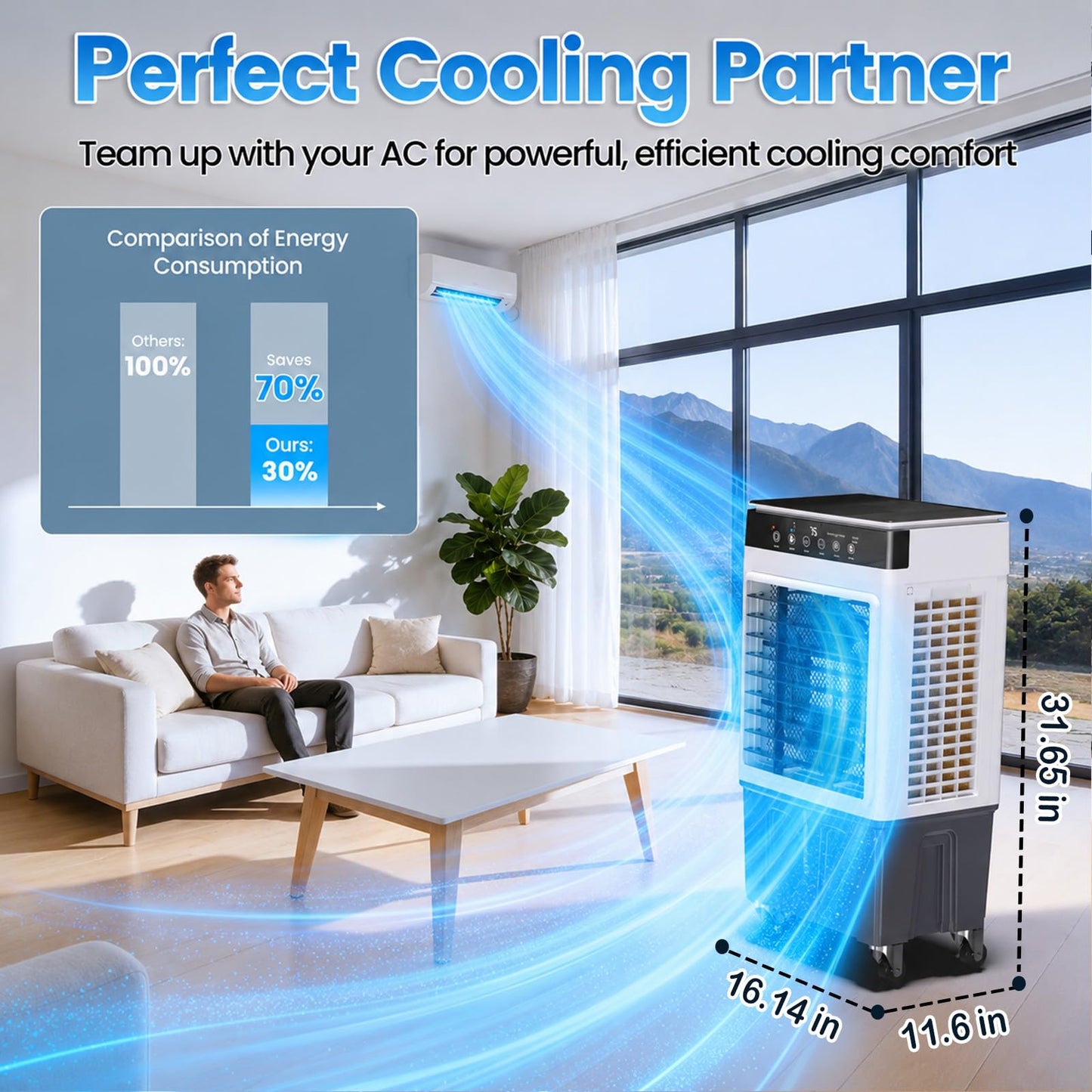 Swamp Cooler Air Conditioner, 4-in-1 Evaporative Air Cooler with 7.5-Gal Water Tank, 4 Modes, 3 Speeds, Dry Burn Protection, Remote, 12H Timer, Portable Windowless AC for Home, Office, Garage