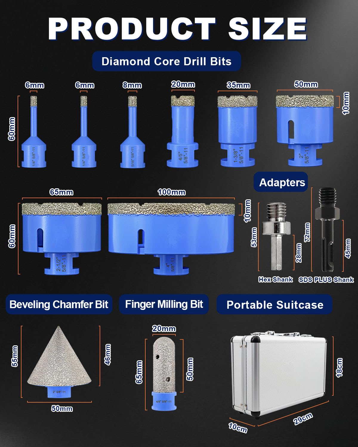 Diamond Tile Hole Saw Kit - Drill Bits 12Pcs 1/4'' X 2, 5/16'', 4/5'', 1-3/8'', 2'', 2-1/2'', 4'', 4/5'' Finger Bit, 2'' Beveling Chamfer Bit, 2pcs Adapters for Porcelain Tile Ceramic Granite Marble