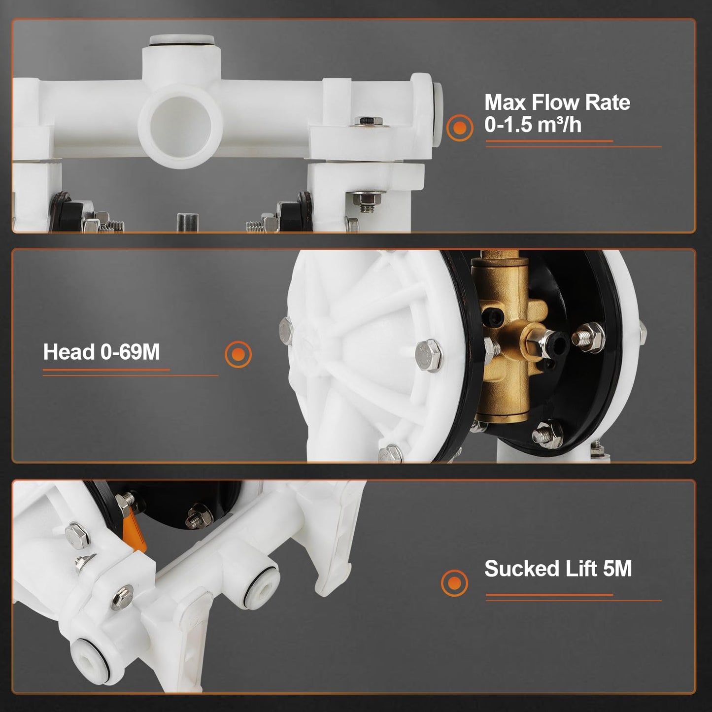 Air-Operated Double Diaphragm Pump, 1/2 in Inlet & Outlet, QBK-15, 12 GPM & Max 120PSI, PTFE Diaphragm Pneumatic Transfer Pump for Petroleum, Diesel, Grease & Low Viscosity Fluids
