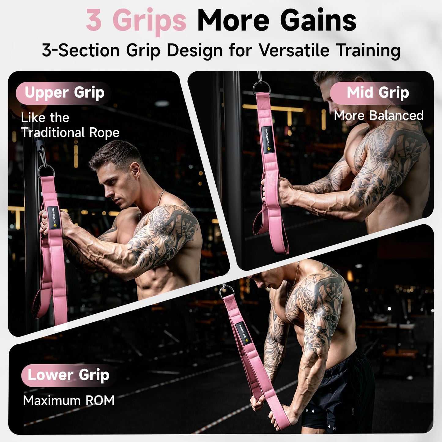 MANUEKLEAR 3 Grip Lengths in 1 Tricep Rope Cable Attachment with Ergonomic Handles, Greater ROM for Tricep Push Down Attachment Professional Gym Rope for Overhead Extension