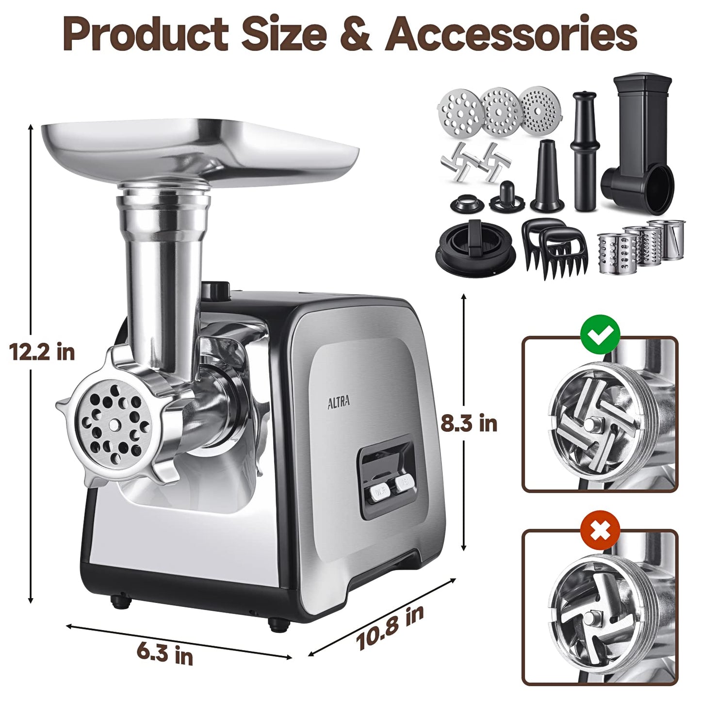 ALTRA LIFE Meat Grinder, Sausage Stuffer, [2800W Max] Electric Meat Mincer with Stainless Steel Blades & 3 Grinding Plates,Sausage Maker & Kubbe Kit for Home Kitchen & Commercial Using
