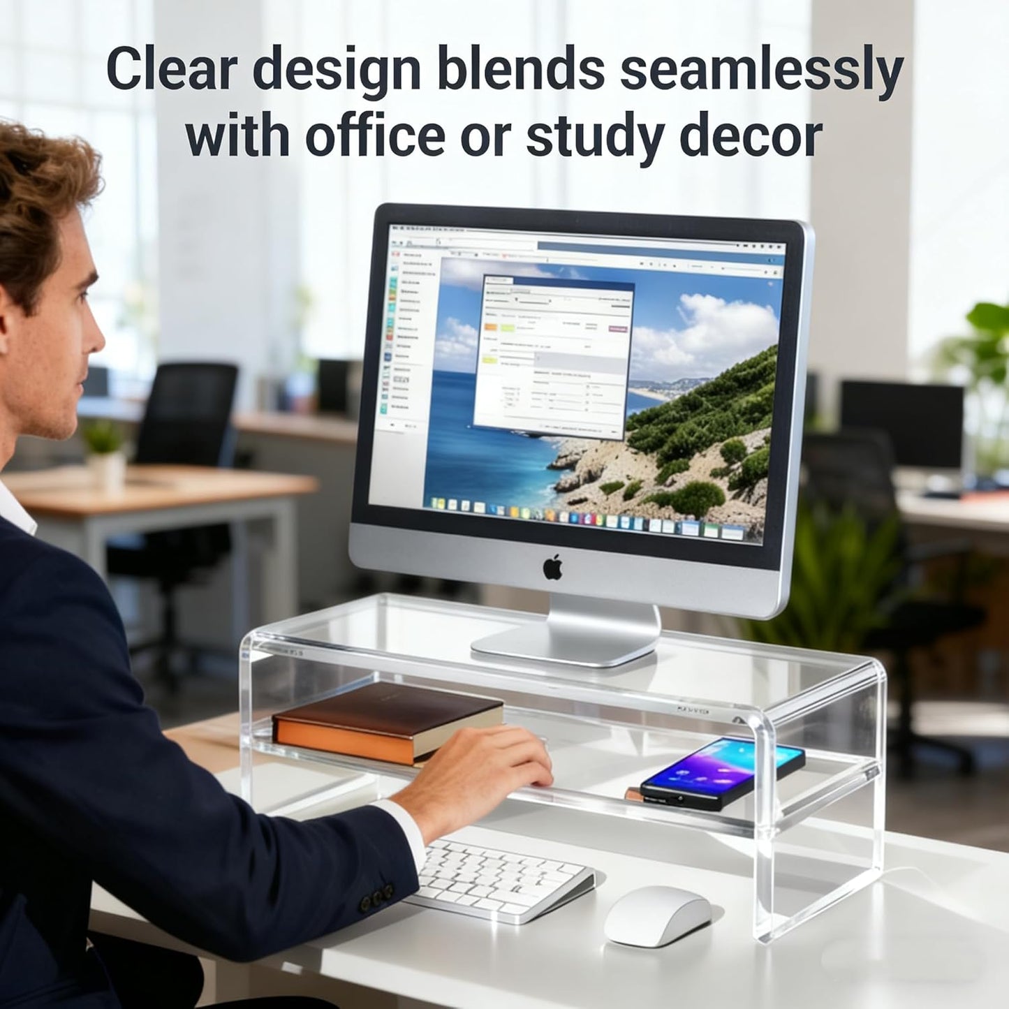 2 16/20 Inch, (16in) Acrylic Monitor Stand, Tier Riser with Storage Shelf, Clear, Home Office Desk Organizer