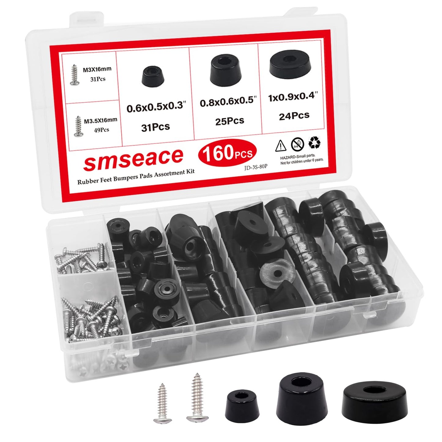 smseace 160PCS(3 Sizes) Black Rubber Feet for Cutting Board, Built-in Stainless Steel Washer and Screws, Soft, Non-Slip, Small Rubber Bumper Feet for Furniture Electronics, Tables, Sofas Etc