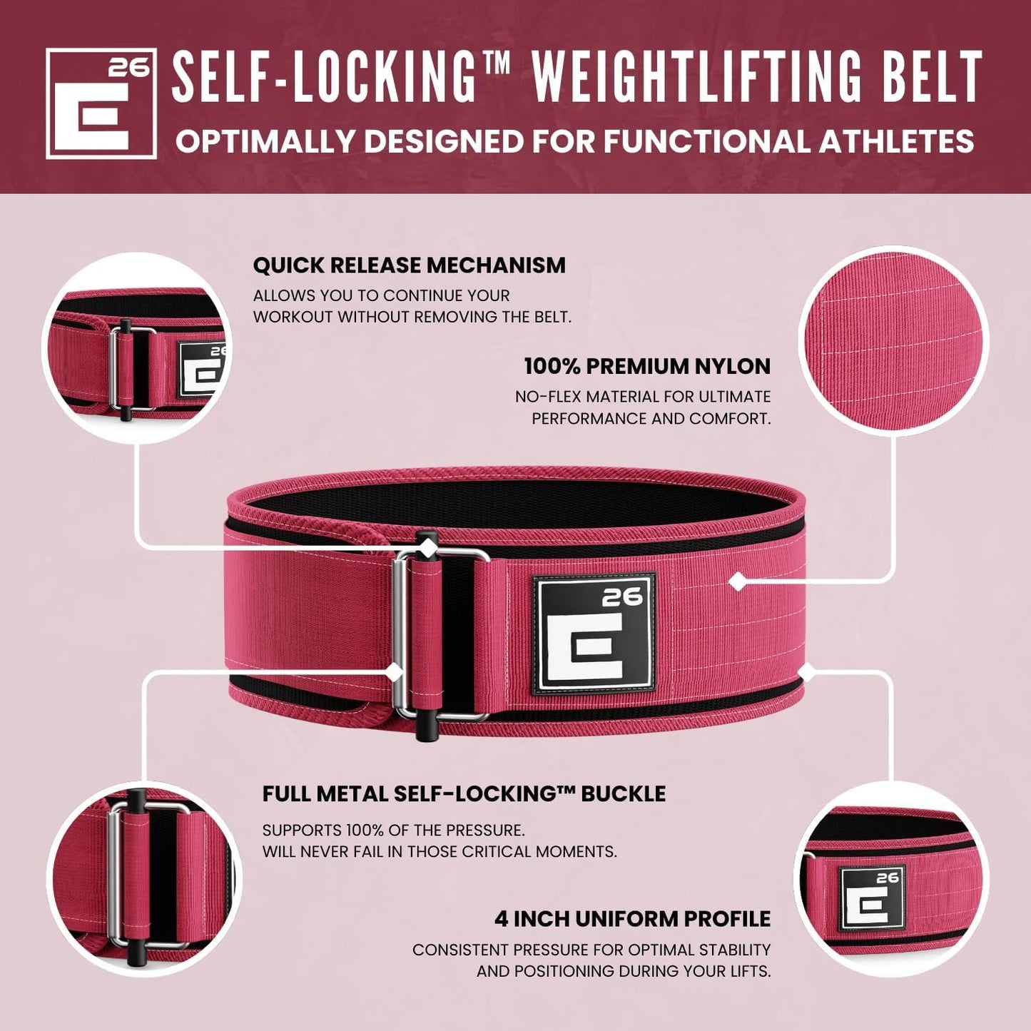 Self-Locking Weight Lifting Belt,Premium Weightlifting Belt for Serious Functional Fitness, Weight Lifting, and Olympic Lifting Athletes,Deadlift Training Belt (Small, Miami Pink)