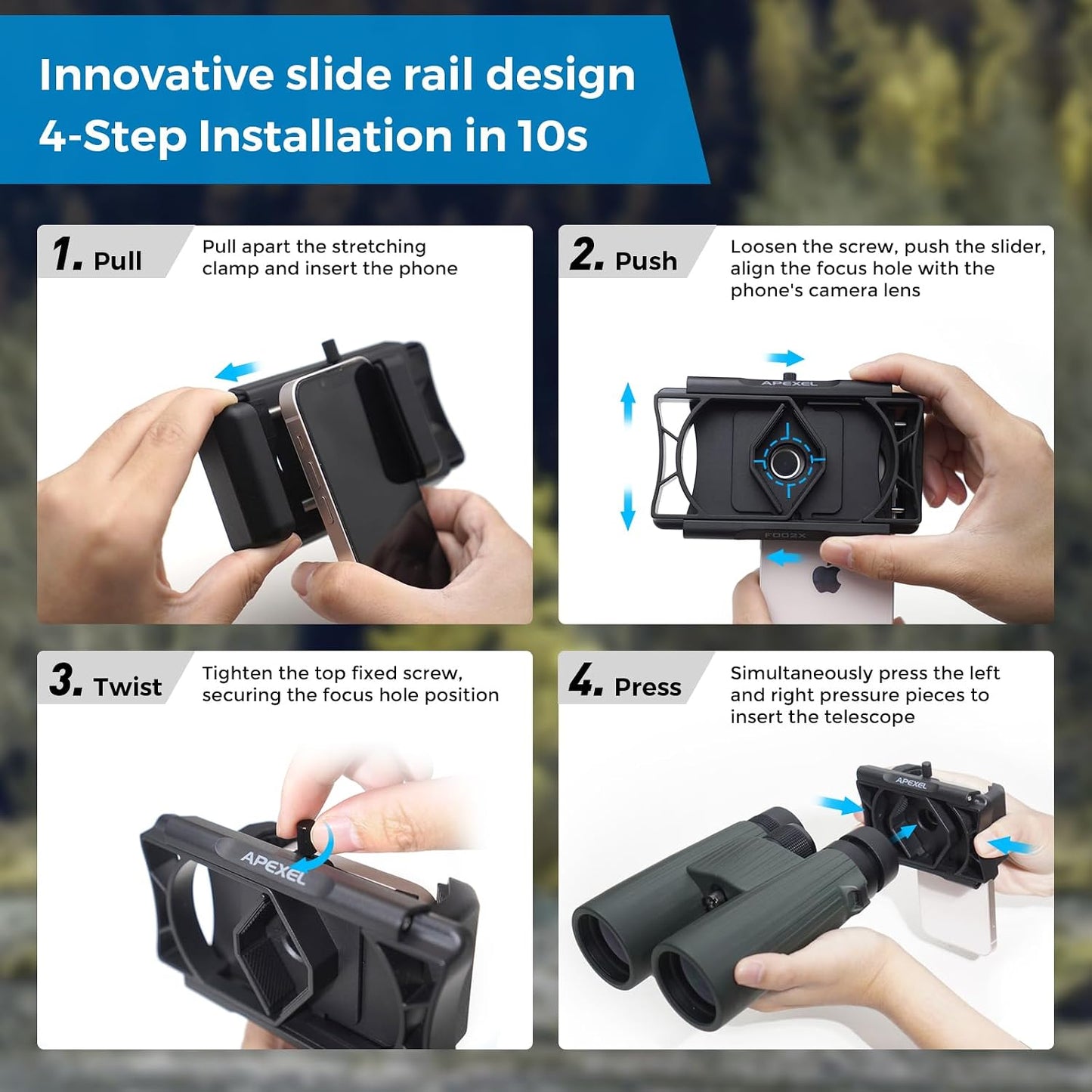 APEXEL 360 Telescope Phone Adapter, Upgraded Binocular Photo Adapter for Android & iPhone, Smartphone Mount