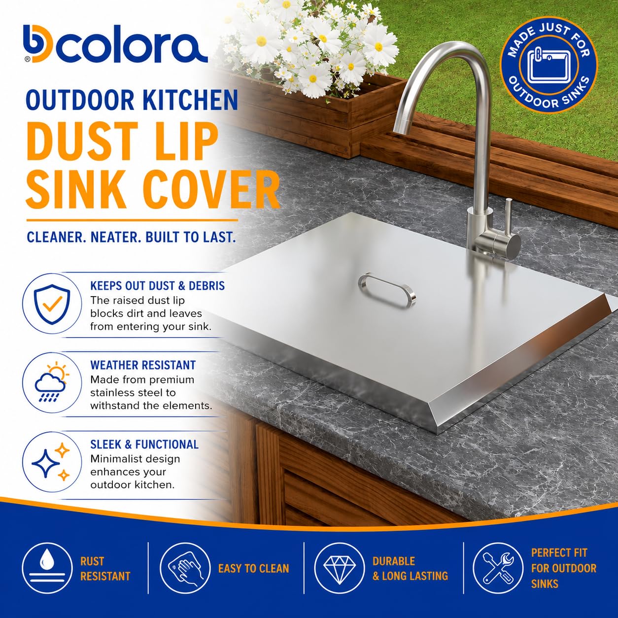 Dcolora 20 In. Outdoor Kitchen Sink, Drop In Workstation Bar Sink for Patio, RV and Utility Use, Single Bowl 304 Stainless Steel with Faucet and Dust Lid, 20"x19"x9" #DC-SFDOE00160