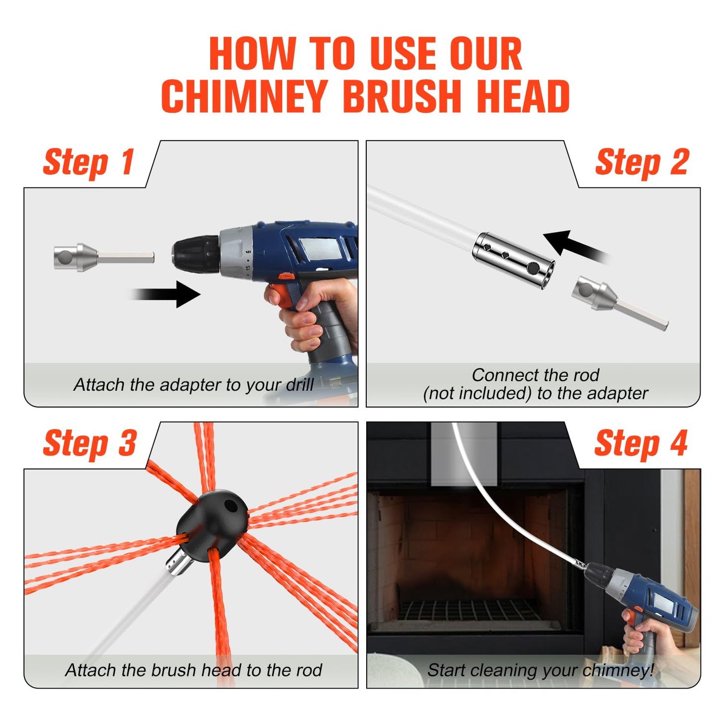 Sealegend 1 Piece Chimney Sweep Brush Replacement, Chimney Cleaning Kit Accessories with Adapter for Electric Drill, Durable Nylon Brush for Fireplace Flue