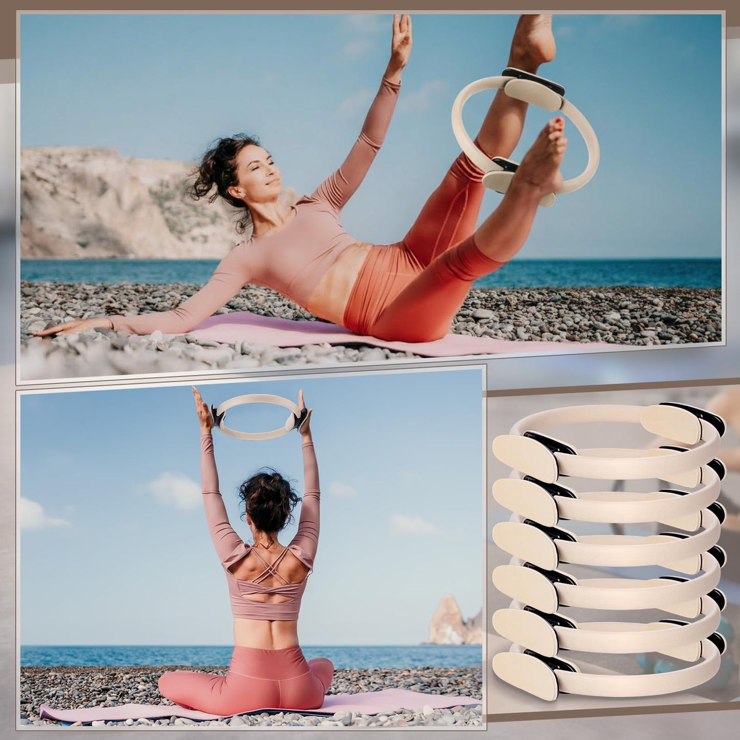 Syhood Pilates Ring 11. 81 Inch Pilates Circle Yoga Ring Magic Lightweight Flexible Workout Equipment for Fitness Physical Therapy Resistance Exercise Arms Legs(Beige,6 Pcs)