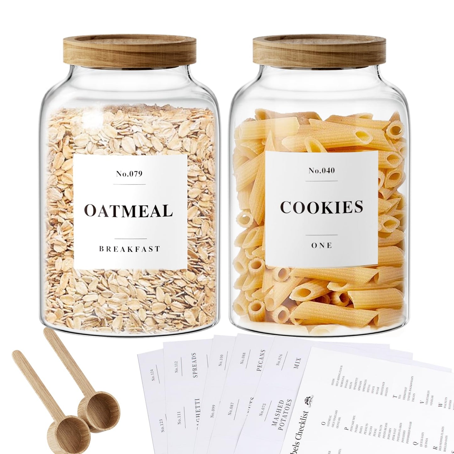 2 PCS Flour Sugar Storage Containers Glass, Large Glass Food Storage Jars with Wood Airtight Lids, 132 Pantry Labels and 2 spoon for Coffee, Flour, Sugar, Spice (70 oz/2000 ml)