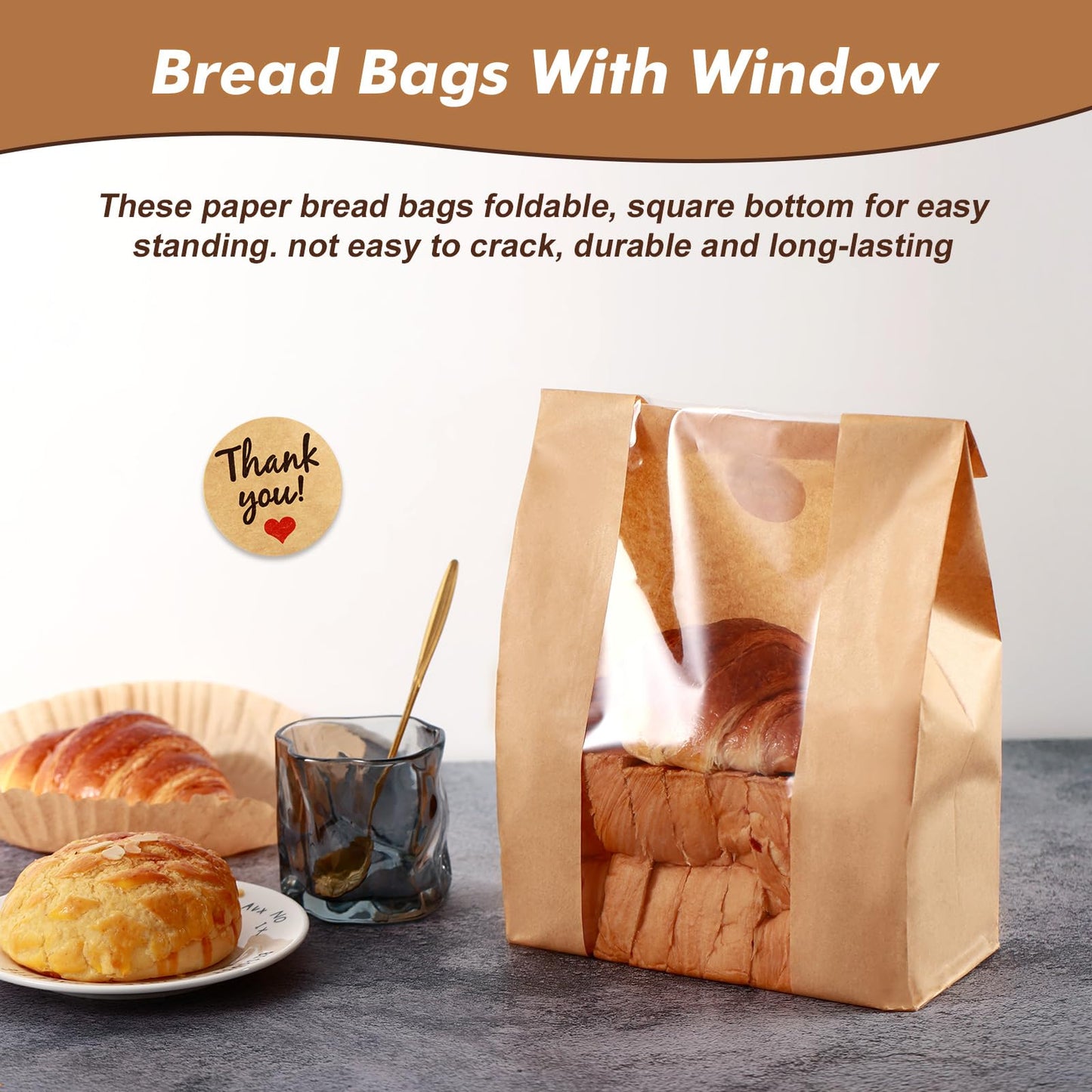 Aertiavty 120 Packs Bread Bags for Homemade Bread, 14" x 8.3" x 3.5" Bakery Bags with Window, Sourdough Bread Bags with Label Sealing Stickers, Paper Bread Bag for Sourdough, Snacks, Kraft