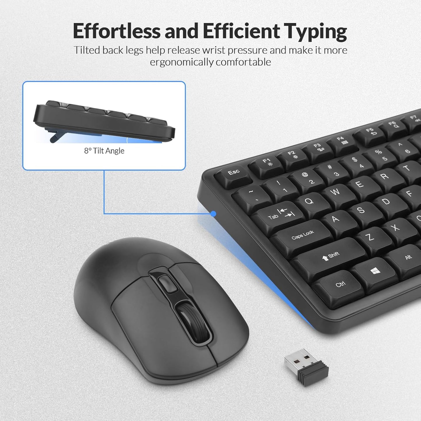 Rii RK209 2.4G 5000 Wireless Keyboard and Mouse, Full-Sized Quiet Wireless Ergonomic Keyboard,Quiet Typing