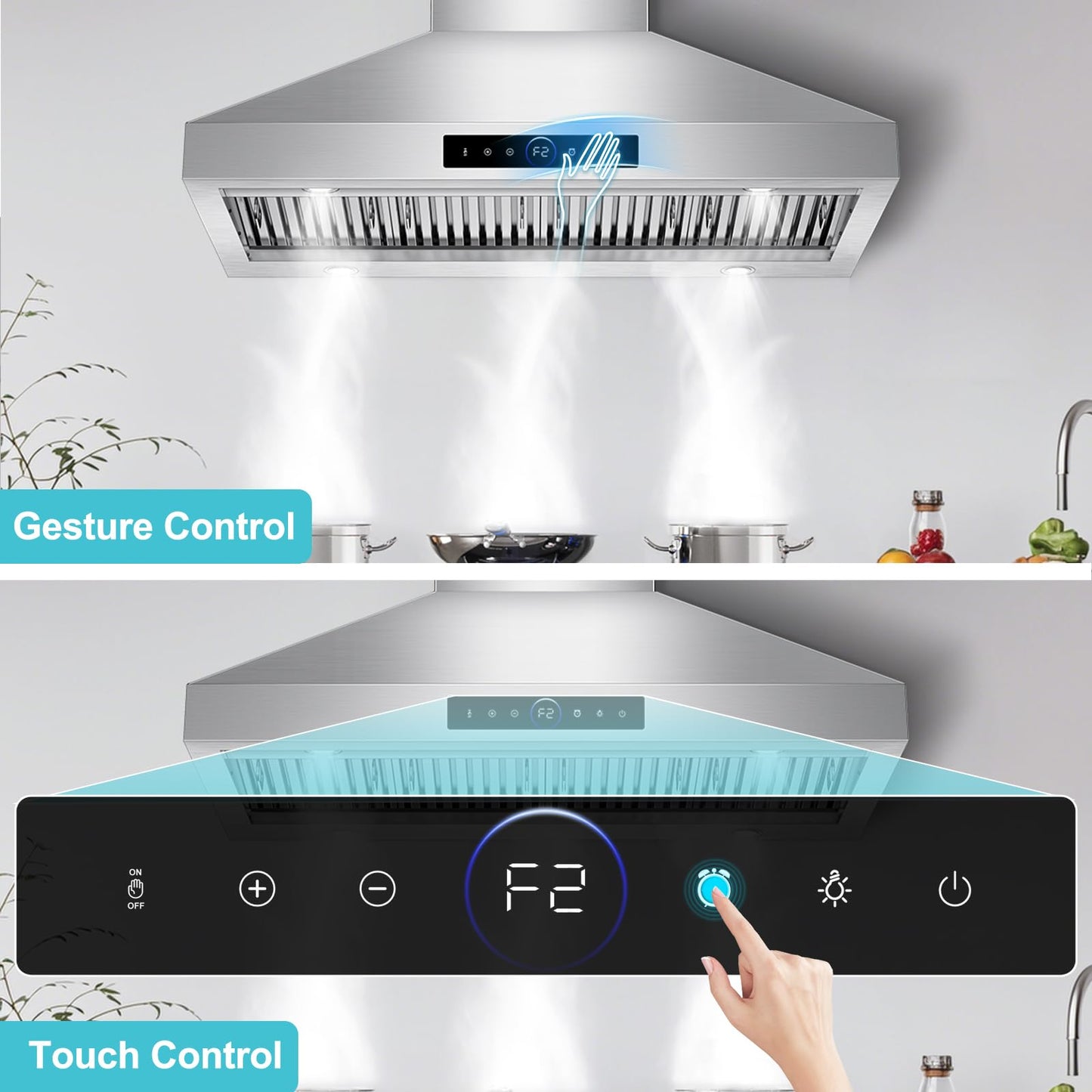48 inch Range Hood Wall Mount, 1500 CFM with 4-Speed Gesture Sensing & Touch Control, Stainless Steel Ducted Kitchen Stove Vent Hoods with 4 LED Lights, Time Setting, Dishwasher-Safe Baffle Filters