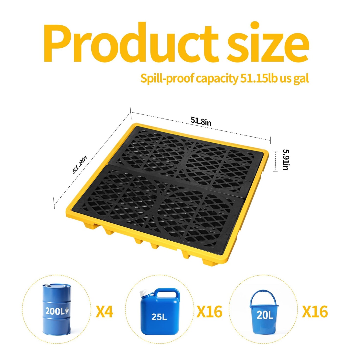 Cjgyz Spill Containment Platform with Drain, 51x51x6in, Anti-Slip Plastic, Leakproof Detachable, 4 Drum Capacity, Yellow for Industrial Use