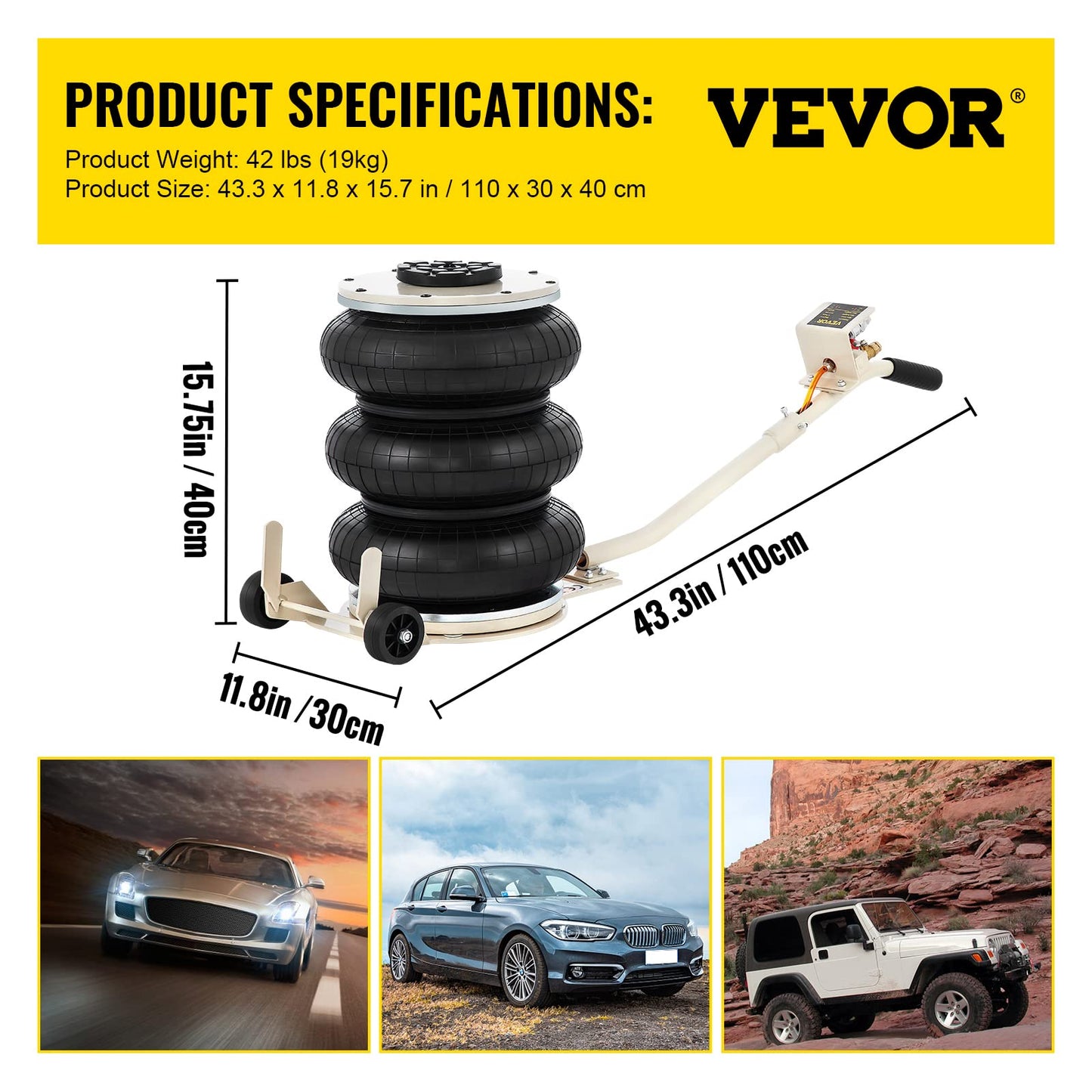 VEVOR 5 Ton/11000 lbs Triple Bag Air Jack, Air Bag Jack Lift Up to 15.75 Inch, 3-5S Fast Lifting, for Cars with Long Handle (Beige)