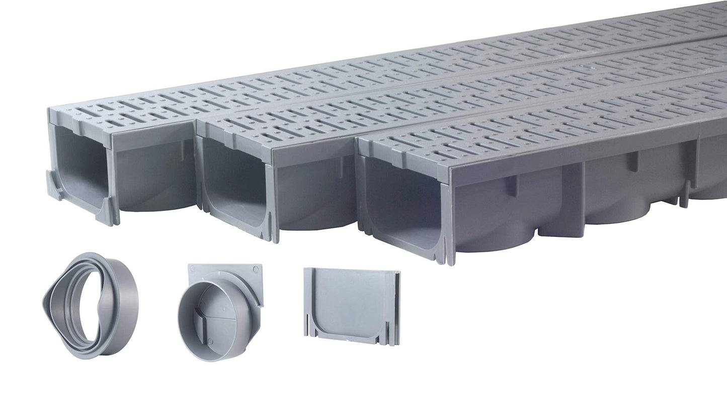 URA WATER Model UA-100 - Drainage Trench Set - Channel Drain With Grate - Gray Plastic Plastic - 3 x 39" - (117" Total Length)