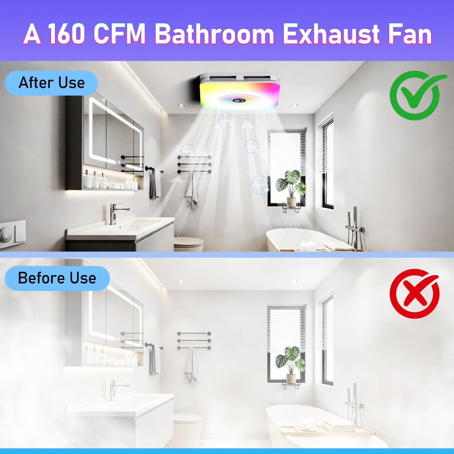 BSEED Bathroom Exhaust Fan with Bluetooth Speaker & LED Light, 230 CFM 1.5 Sone, 7-Color RGB & 3CCT Adjustable Light, Music Sync, Digital Display, Remote Control, Easy Install (White)