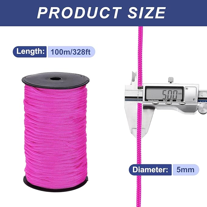 MECCANIXITY 3/16 Inch Polypropylene Rope Braided Ropes, 328ft Nylon Rope Hollow Utility Cord for Clothesline, Camping, Hiking, Outdoor, Rose Red