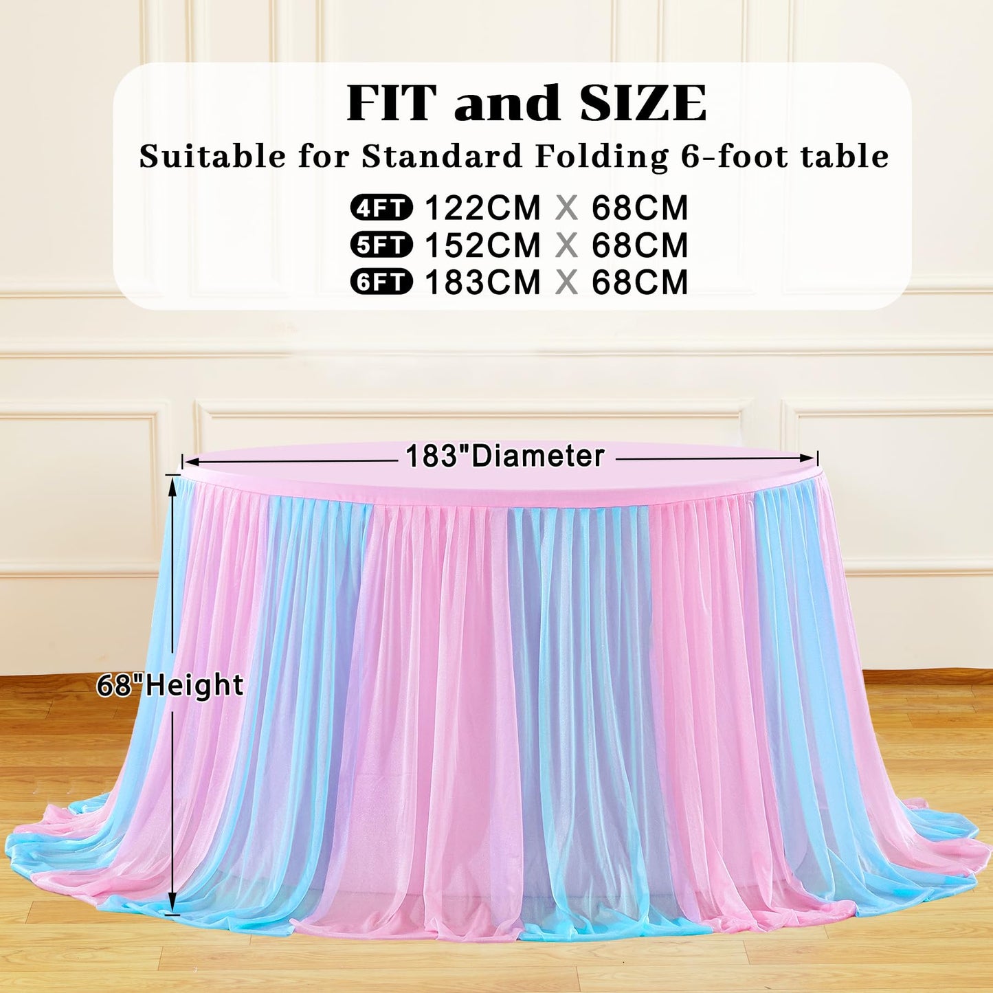 Besutolife Blue Pink Tablecloth for Round Tables 6ft Tulle Table Skirt for Baby Shower Birthday Party Dining Table Buffet Parties Camping