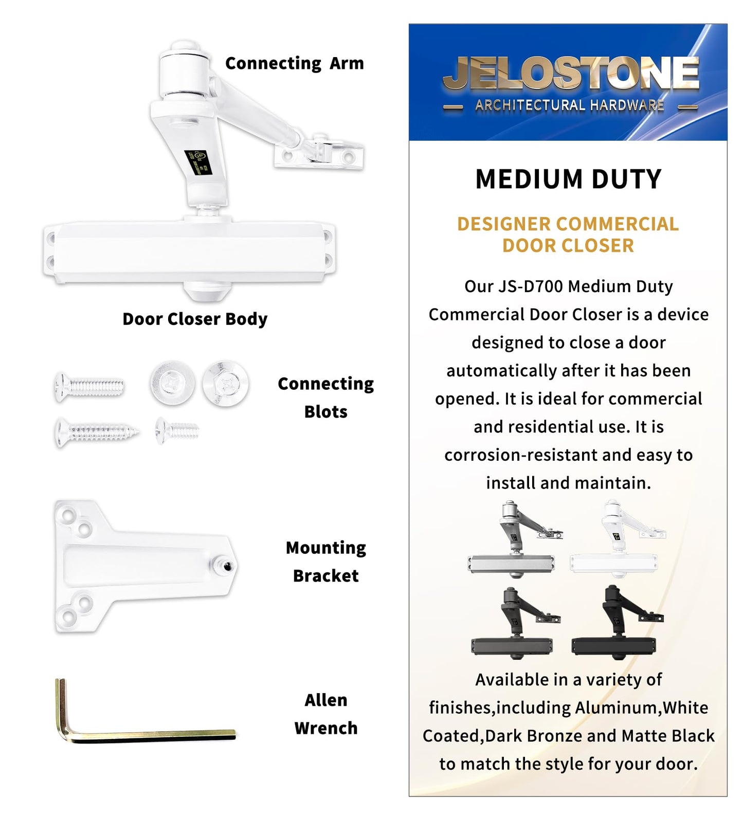 JELOSTONE Medium Duty Commercial Door Closer D700, UL 3 Hour Fire Rated, Fixed Size #3 Spring Power and 3 Valves Closing/Latching/Backcheck, Door (55-150LB/33-36 in), Indoor/Outdoor (White Coated)