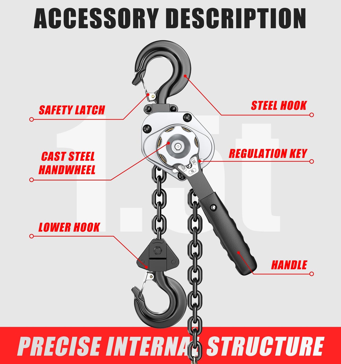 HUGOASIS Mini Lever Hoist 1-1/2 TON 3300 LBS Capacity 10FT Lift, Portable Aluminum Ratchet Chain Hoist with G80 Alloy Steel Chain, Dual Brake Hand Chain Puller for Lifting & Pulling,Silver