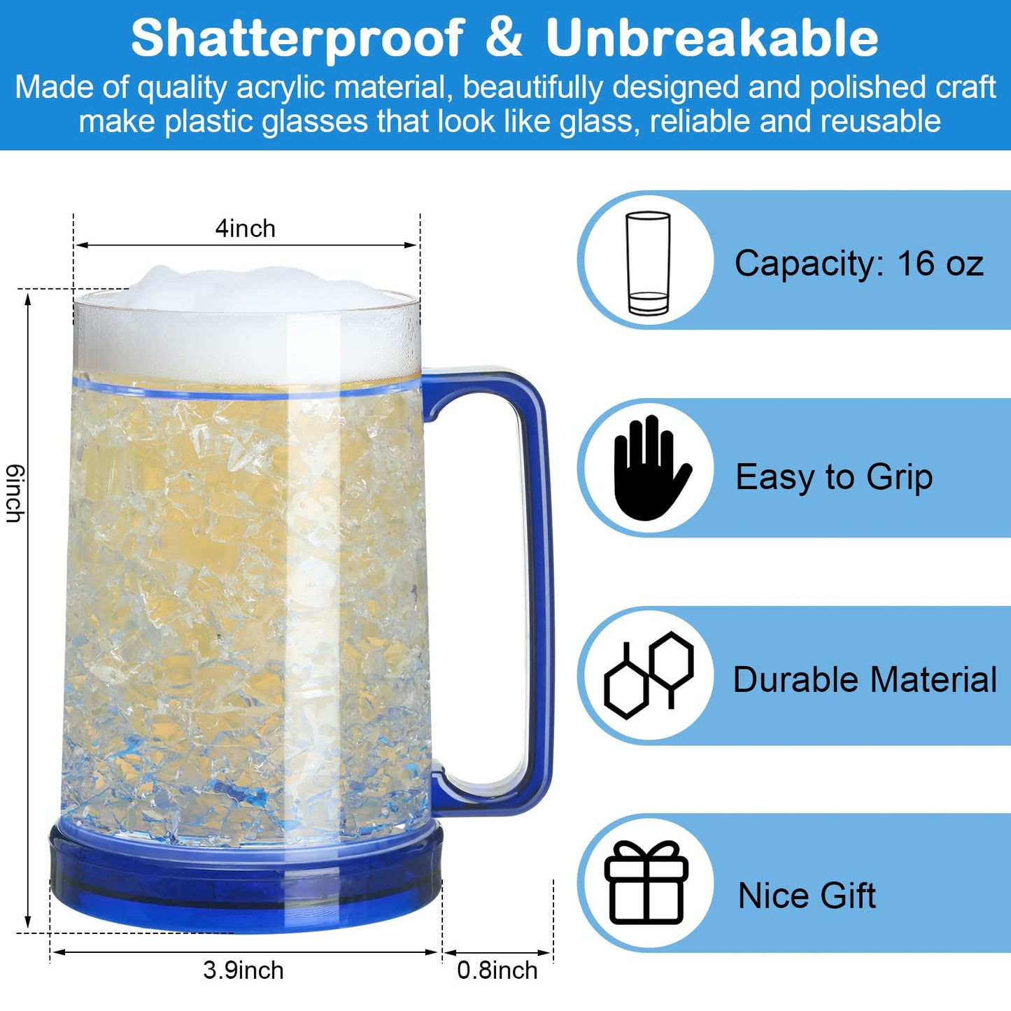 Eccliy 4 Pcs Beer Mugs for Freezer with Gel, 16 oz Double Wall Insulated Plastic Beer Glasses Cups with Handles, Frozen Ice Mugs for Drinks BBQ Men Summer Pool Game Parties