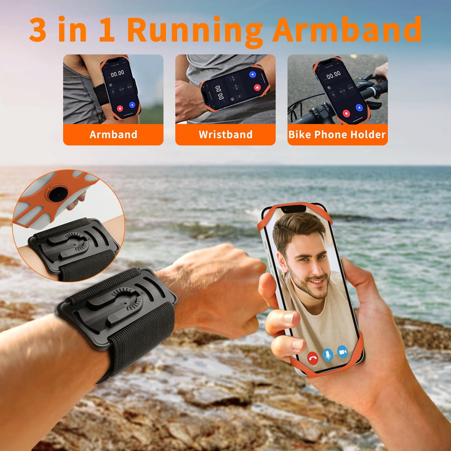 HLOMOM 3in1 Phone Holder for Running,Arm Band/Wrist Holder/Bike Mount,Phone Armbands 360° Rotation & Detachable Fit All 4.5-7" Phone for iPhone 17/16/15/Pro/14/13/12/mini/Pro Max/XS/XR (Orange)