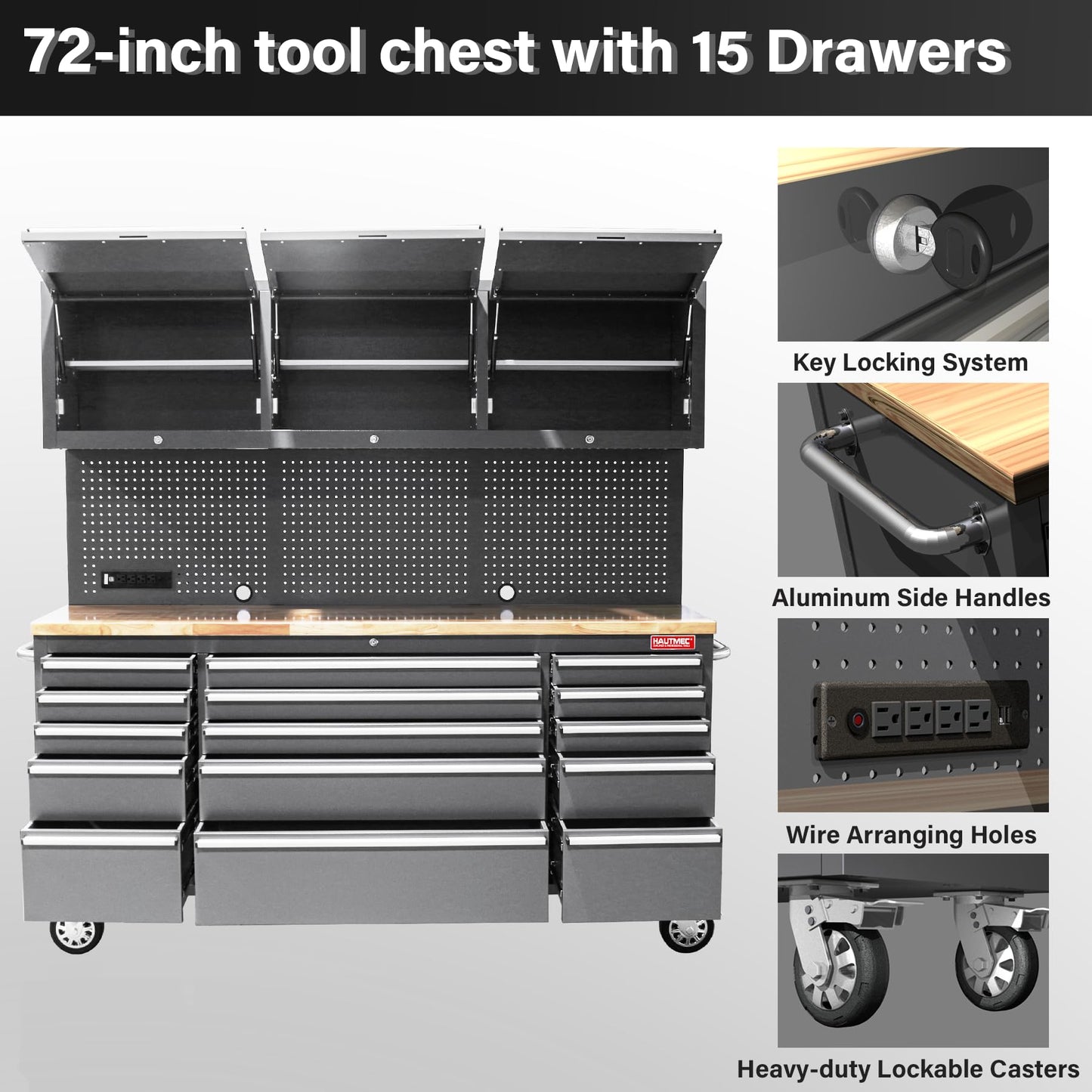 HAUTMEC 72" Rolling Tool Chest, Heavy-Duty Tool Cabinet with Wheels, Garage Workbench with 15 Drawers, 3 Upper Cabinets, Pegboard & 51 Hooks, Oak Worktop & Power Strip – HT0428