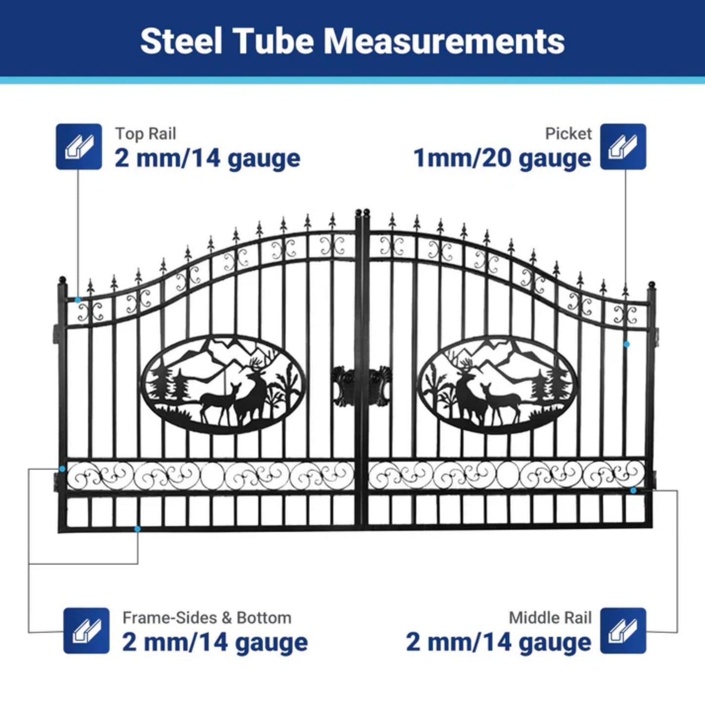 CHERY INDUSTRIAL.COM Outdoor Dual Swing Gate Driveway Security Gates Anti-Rust Outdoor Iron Gate Weatherproof Gate for Outdoor for Yard Patio Manor (14‘ Deer)