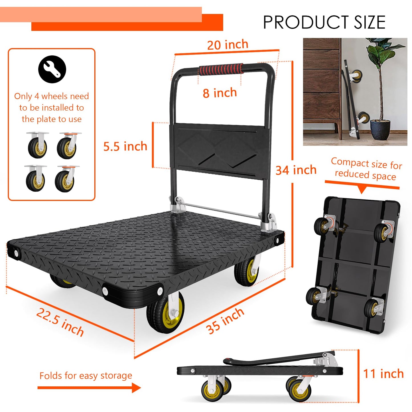 Platform Truck, Foldable Flatbed Cart Heavy Duty Push Cart Dolly Large Platform w/ 5'' Swivel Wheels 2000LBS Capacity Moving Hand Dolly for Groceries, Garage, Warehouse (35'' L x 22.5'' W)