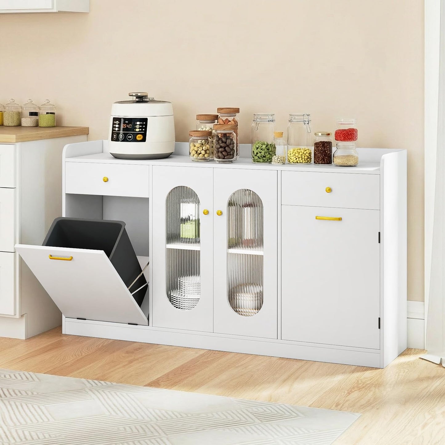 Giantex 55" Farmhouse Buffet Cabinet, Large Credenza w/Hidden Tilt Out Trash Can, 2 Glass Doors, 2 Drawers & Adjustable Shelves, Modern Sideboard Coffee Bar Cabinet for Kitchen, Dining Room (White)