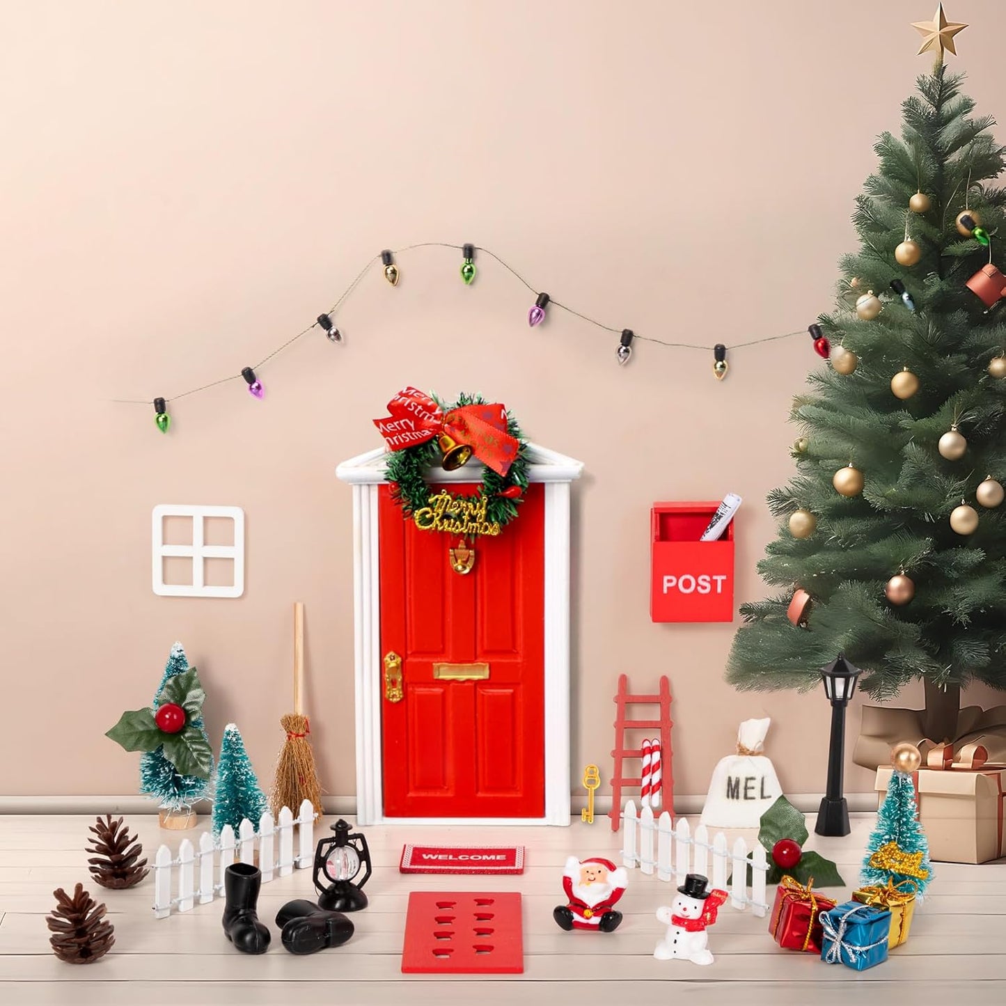 Skiennix Christmas Elf Fairy Door Kit - 31Pcs Miniature Wooden Garden Decorations (Red)