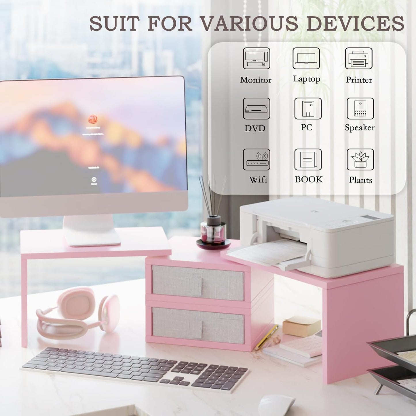 2 37 inch 2 (2 8''H) TEAMIX Pink Dual Monitor Stand Riser with Drawers - Length and Angle Adjustable Double Corner Desk