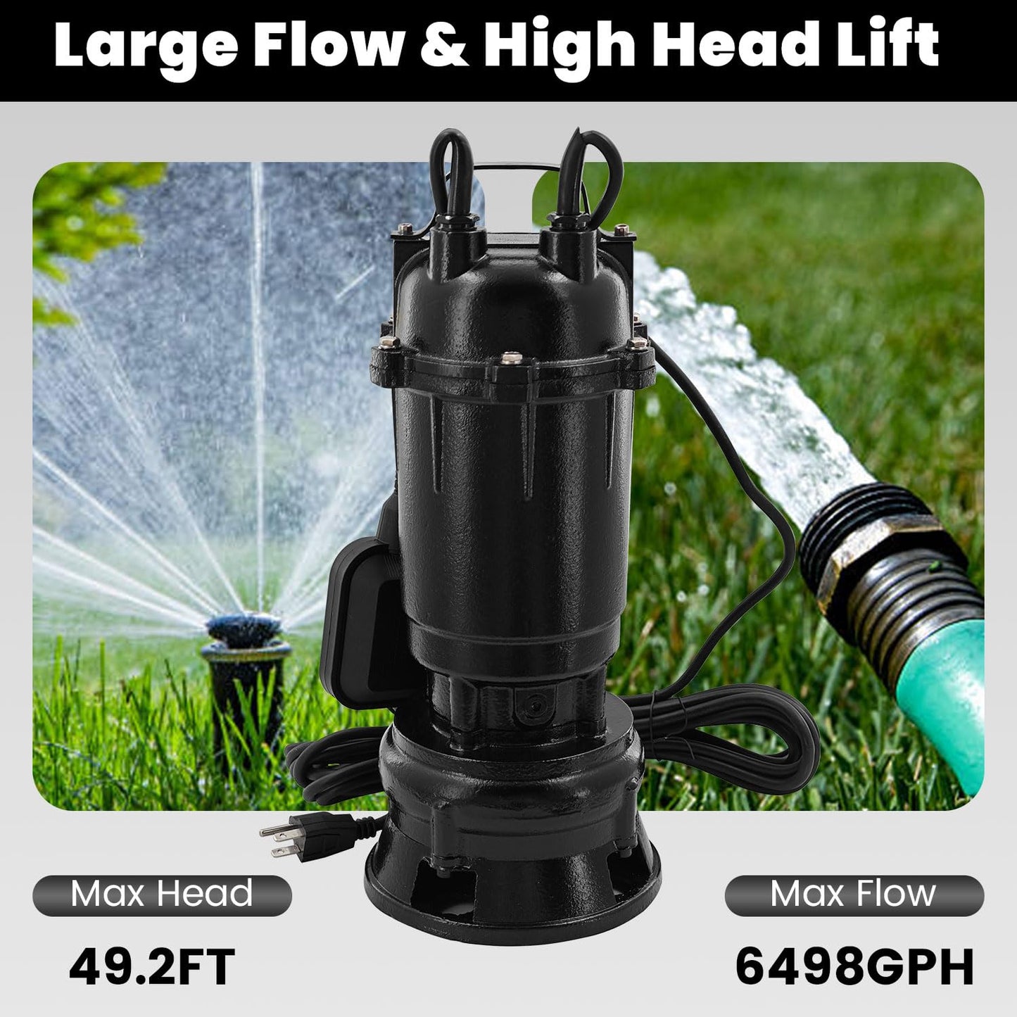 Yutmatin 2HP 110V Submersible Sump Pump, 6498GPH Cast Iron Sewage/Effluent Pump 1500W with 66ft Hose and Automatic Float Switch, for Basement Sump and Sewage Well, 2 inch Discharge