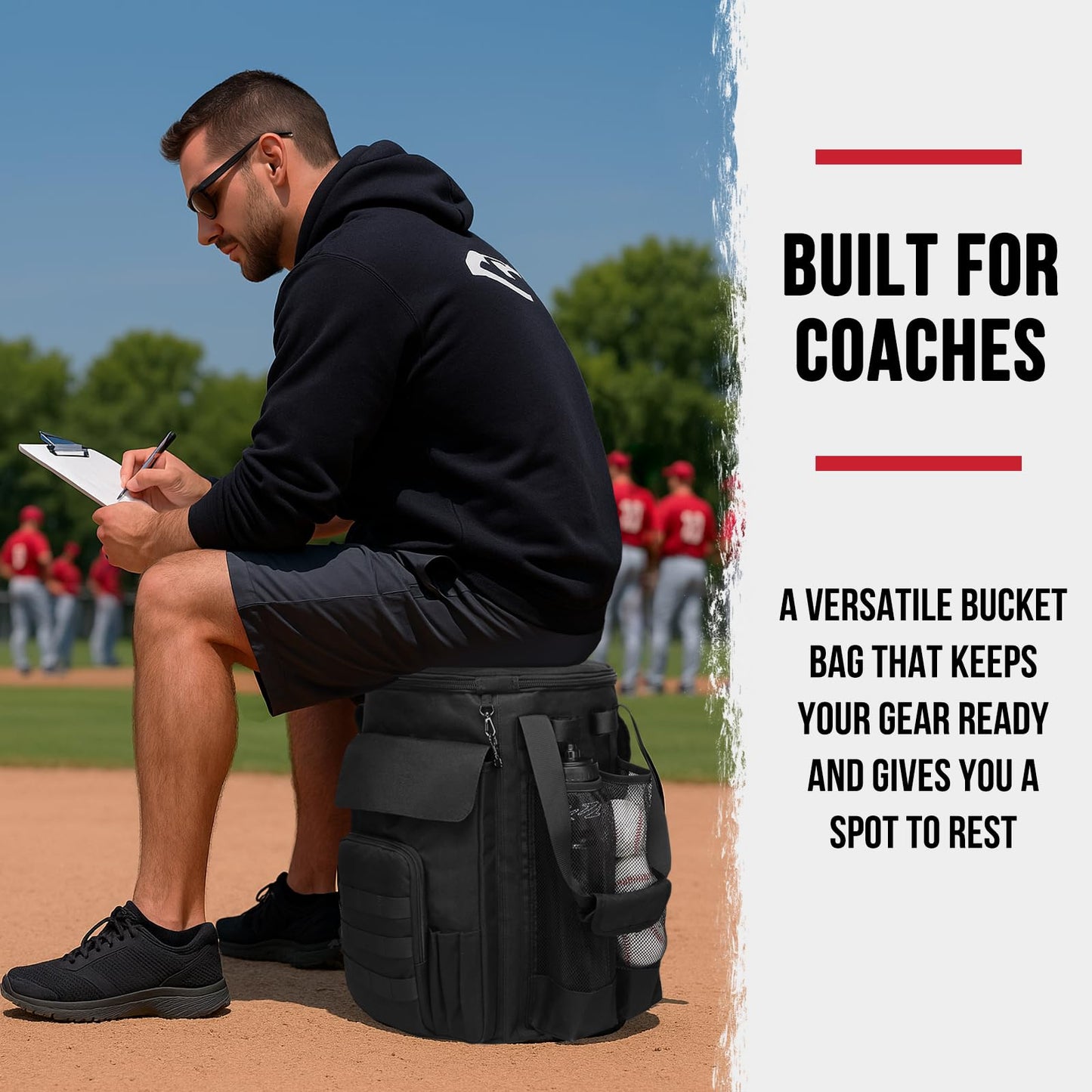 Baseball Bucket Bag Backpack, Coaches Bucket Bag Fit 6 Gallon Buket, Baseball Coaching Accessories with Multiple Pockets, Tactical Style Softball Coaches Bags with Backpack Straps Bucket not included