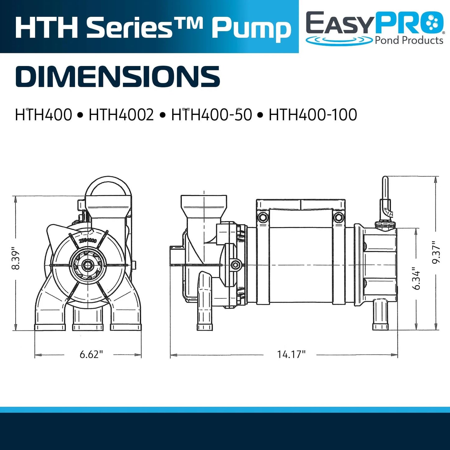 EasyPro HTH400 Stainless Steel Horizontal Submersible Pond Pump | 5500 GPH, 115V | 20' Power Cord | Continuous Duty Water Pump for Waterfalls, Streams & Skimmers | Energy Efficient Vortex Impeller