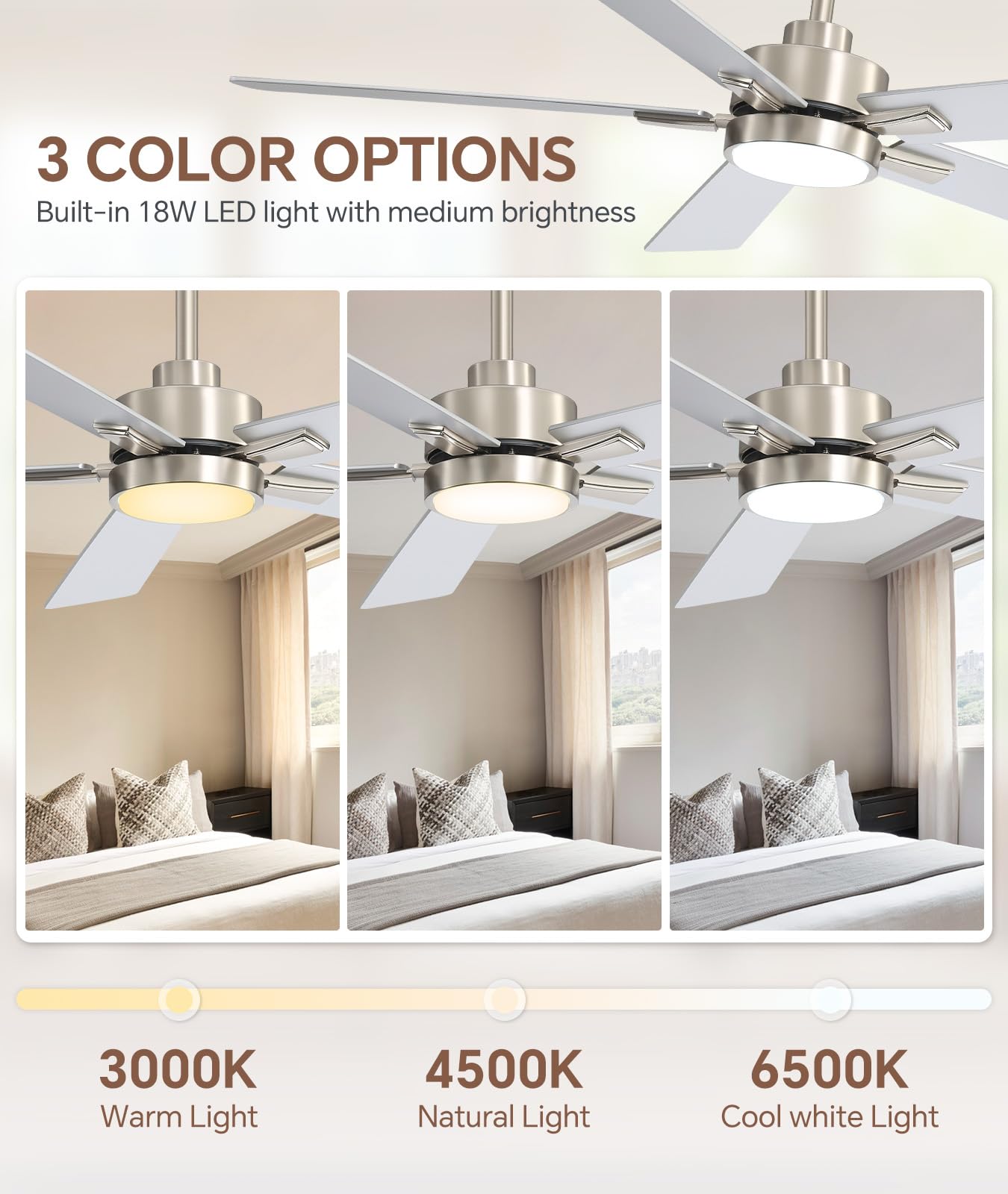 ZYD 52 Inch Brushed Nickel Ceiling Fan, Downrod Mount Brushed Nickel Ceiling Fan DC Motor 6-Speed Reversible, Quiet Ceiling Fans with Lights and Remote for Bedroom, Indoor & Covered Outdoor