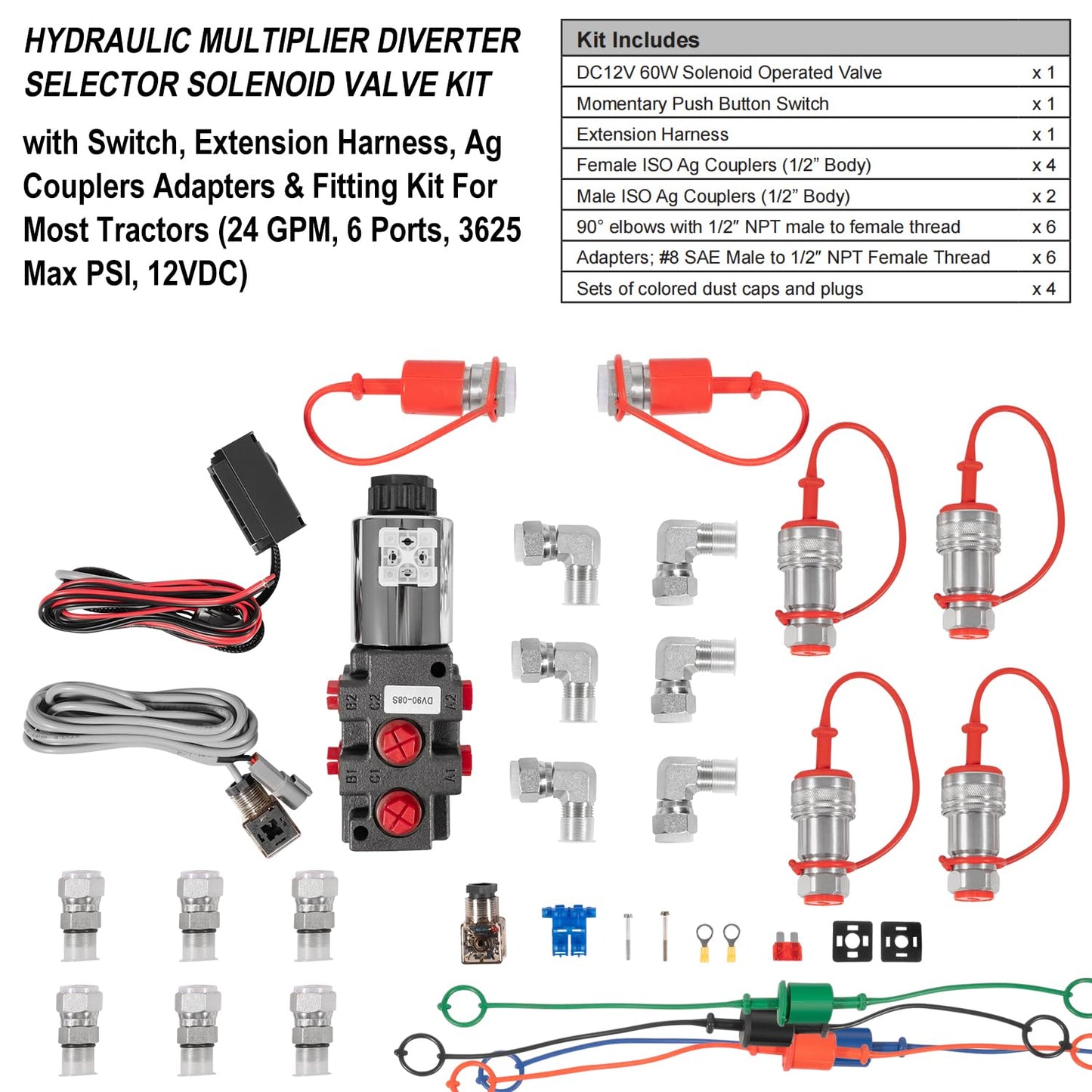 24 GPM Hydraulic Multiplier Diverter Selector Solenoid Valve, 6 Port, 3625 Max PSI, 12VDC, with Switch, Extension Harness, Ag Coupler Adapters For Most Tractors, Up To 3 Additional Functions